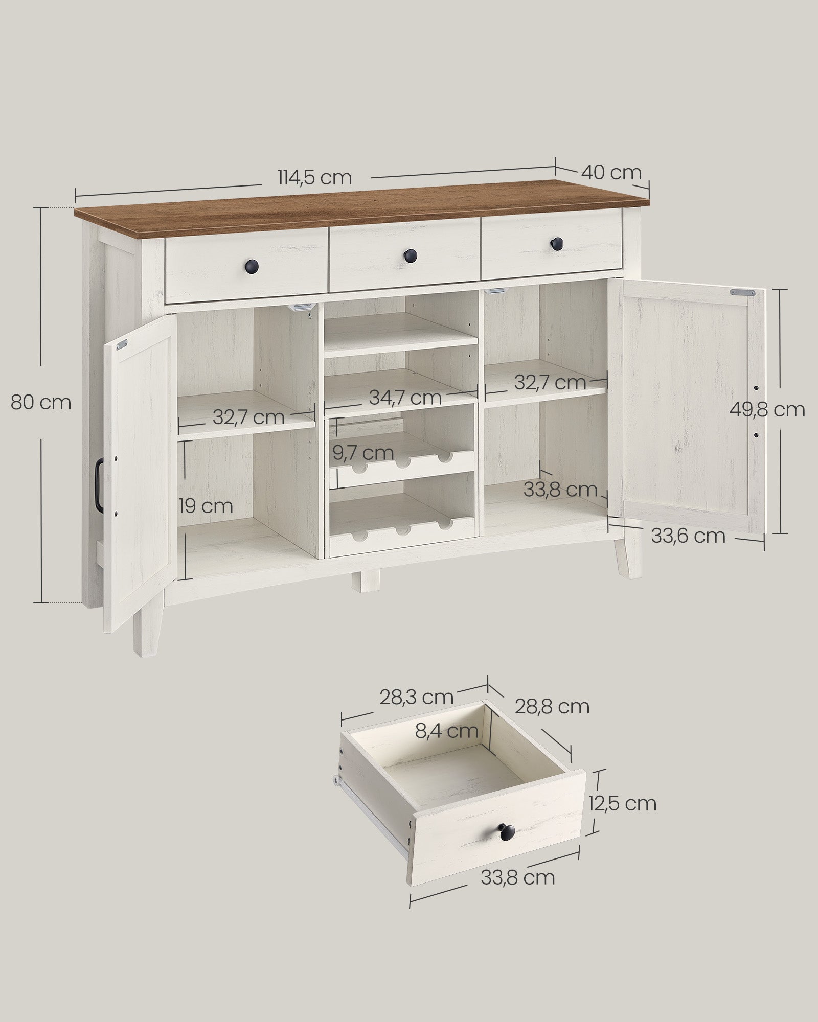 Keukenkast met wijnrek – vintage stijl – wit-honingbruin