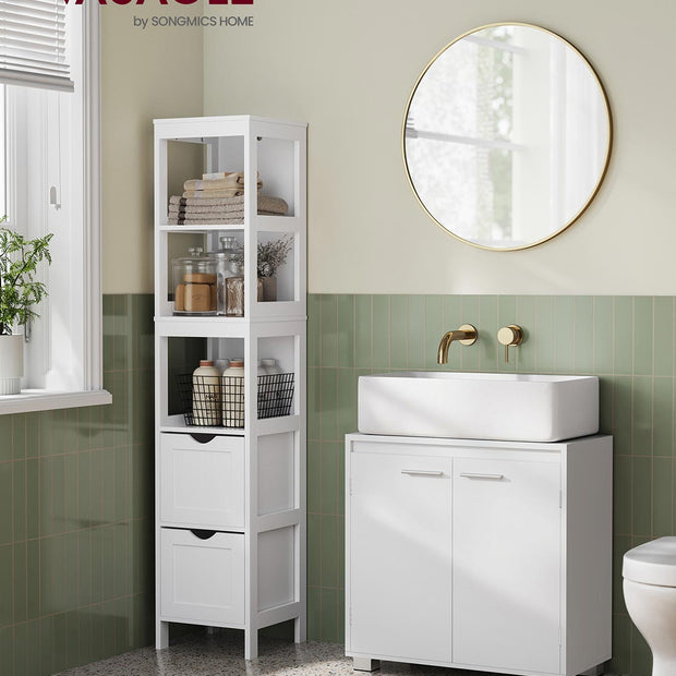 Wastafelmeubel met vakken en poten – Cloud White