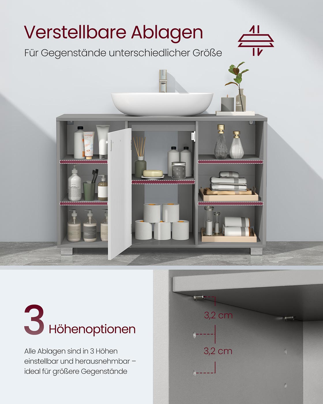 Badkamermeubel – verstelbare planken – Dove Gray-Cloud White