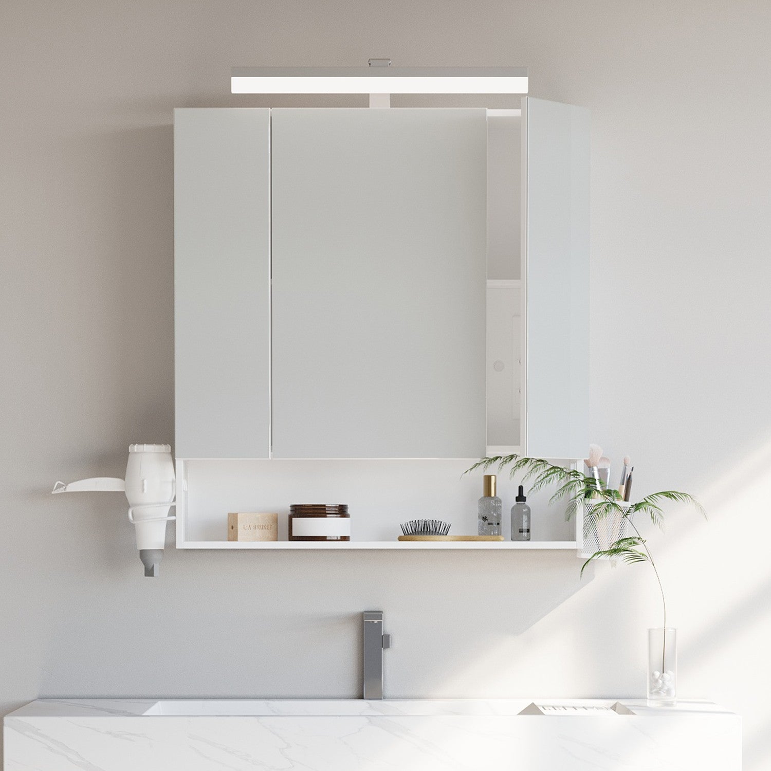 Badkamermeubel met LED-verlichting, stopcontacten, hangmandje