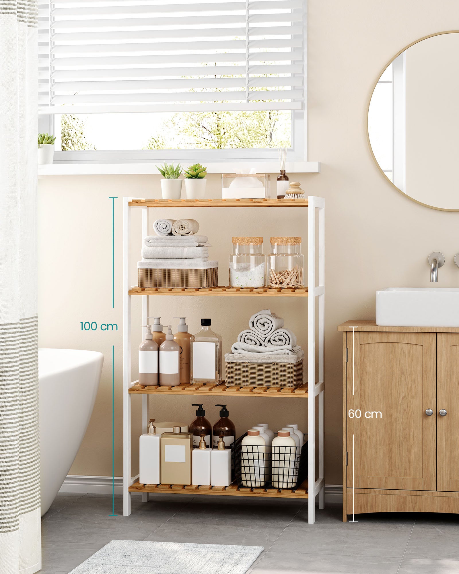 Badkamerplank van bamboe 26 x 60 x 100 cm wit-natuurlijke kleur
