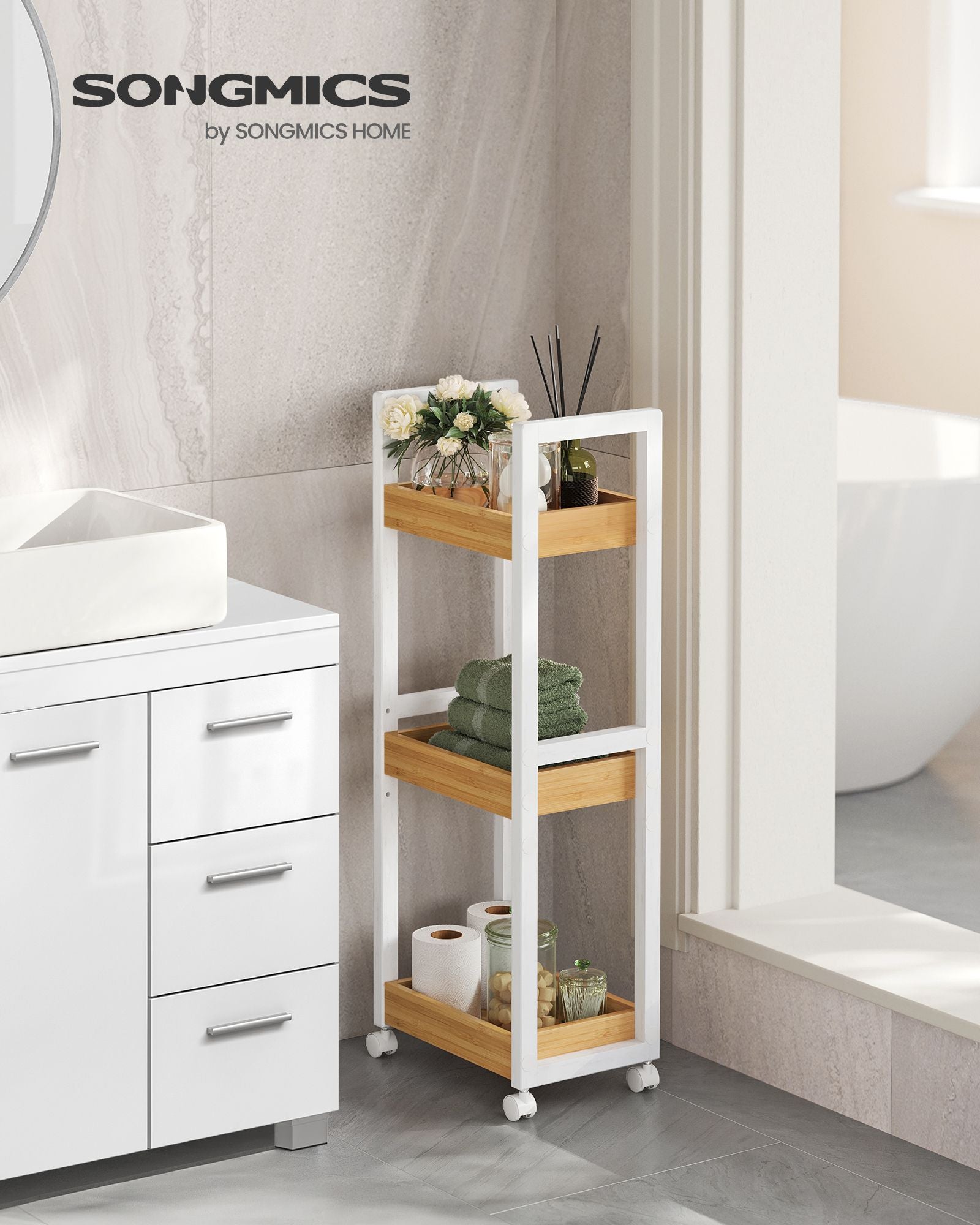 Badkamerplank – met 3 niveaus – smal – ruimtebesparend – wit-natuurkleur