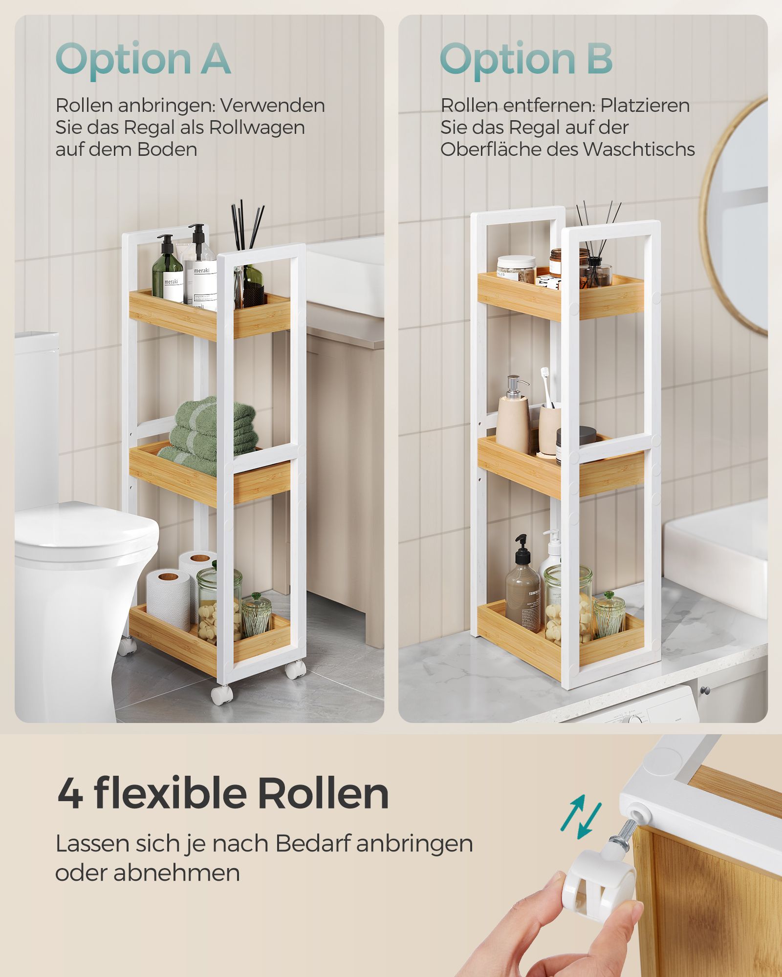Badkamerplank – met 3 niveaus – smal – ruimtebesparend – wit-natuurkleur