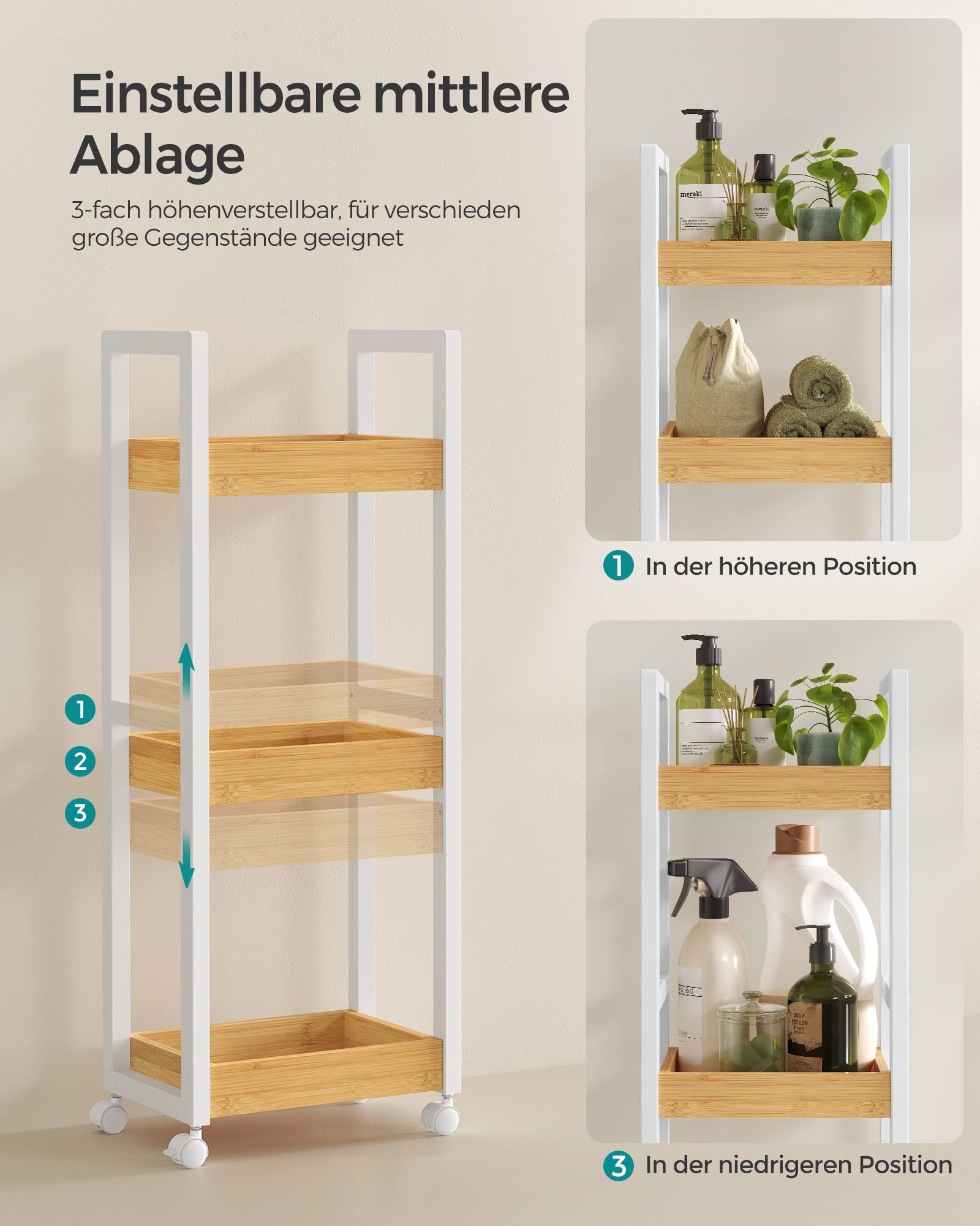 Badkamerplank – met 3 niveaus – smal – ruimtebesparend – wit-natuurkleur