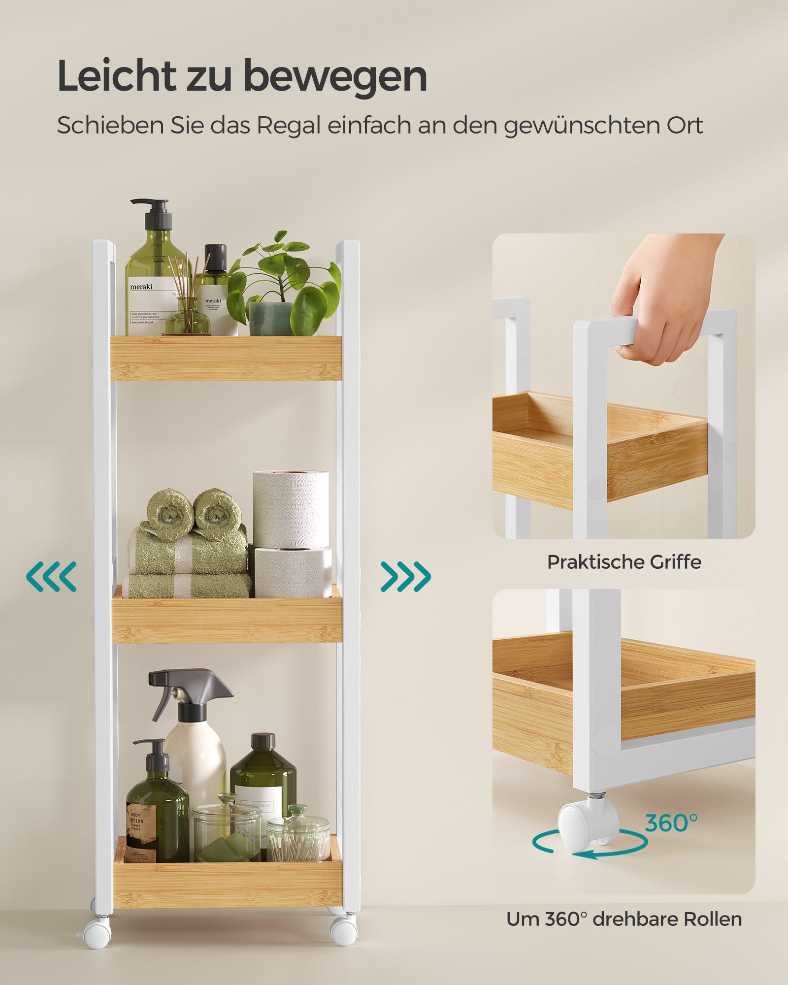 Badkamerplank – met 3 niveaus – smal – ruimtebesparend – wit-natuurkleur