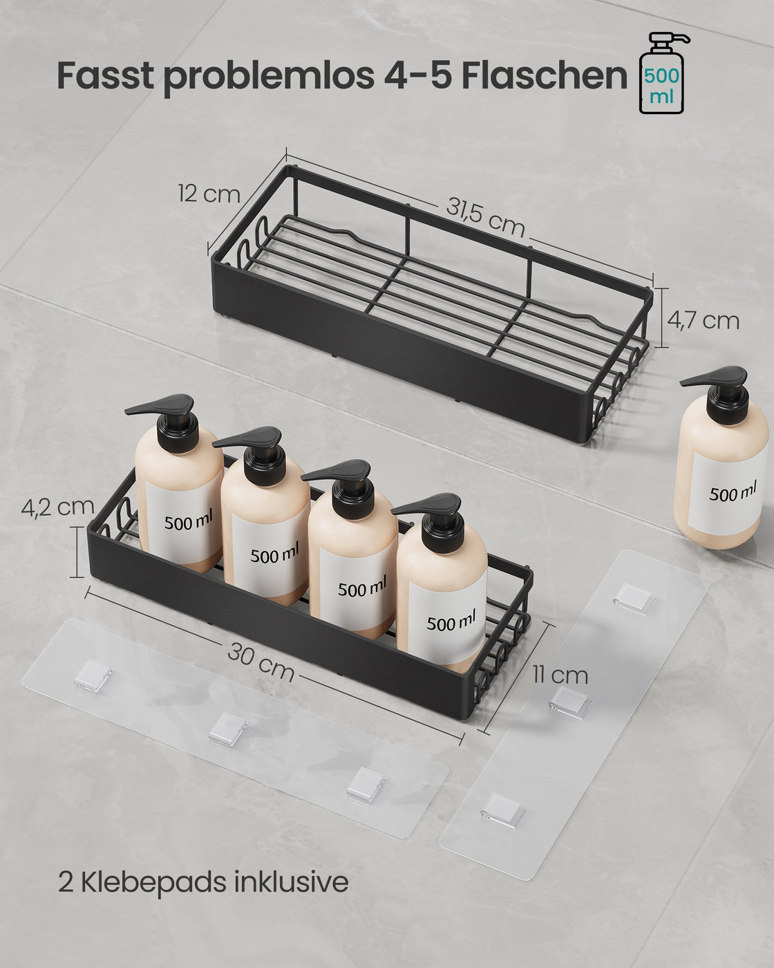 Doucheplank - Set van 2 - Zonder Boren - Zelfklevend - Zwart