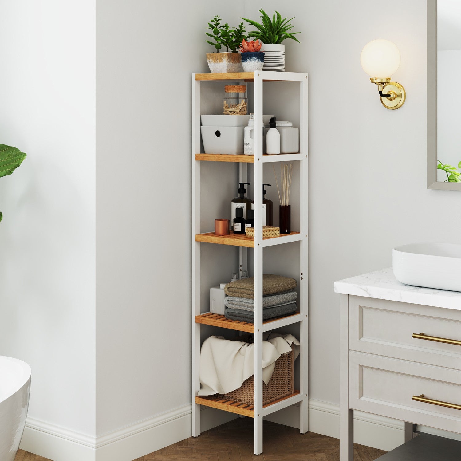 Badkamerplank 5 niveaus, smalle plank staand, multifunctioneel opbergrek