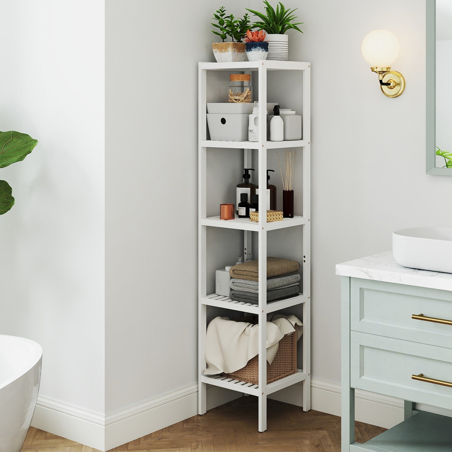 Badkamerplank 5 niveaus, smalle plank staand, multifunctioneel opbergrek