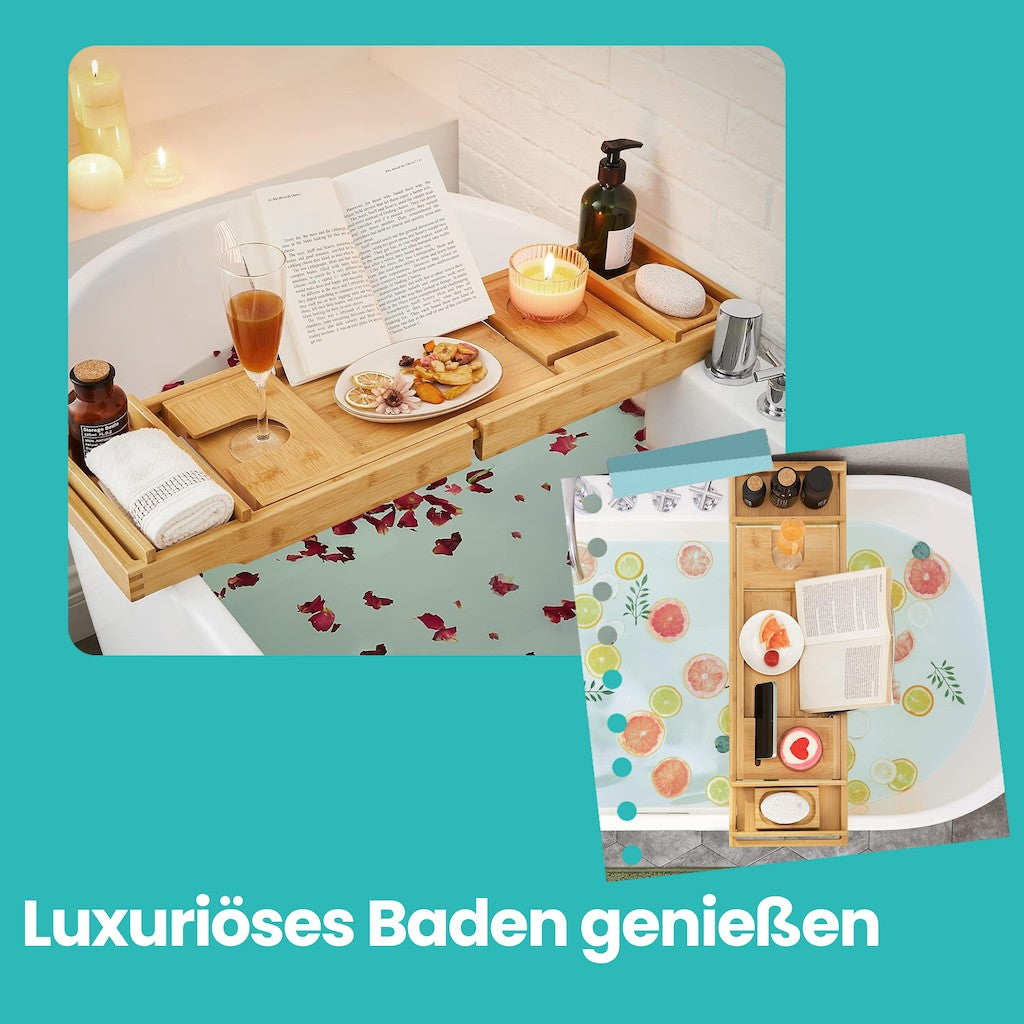 Badplank van bamboe – Uitschuifbaar, met bekerhouder en boekensteun