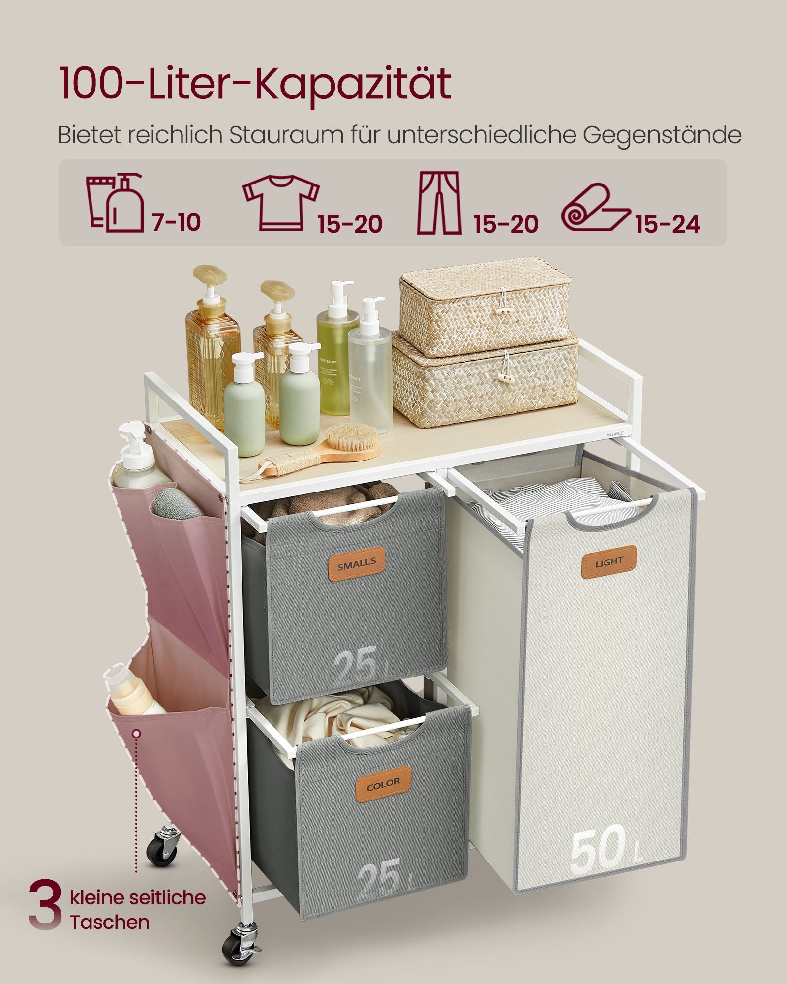 Wasmand met 3 vakken – Met labels – Met wielen