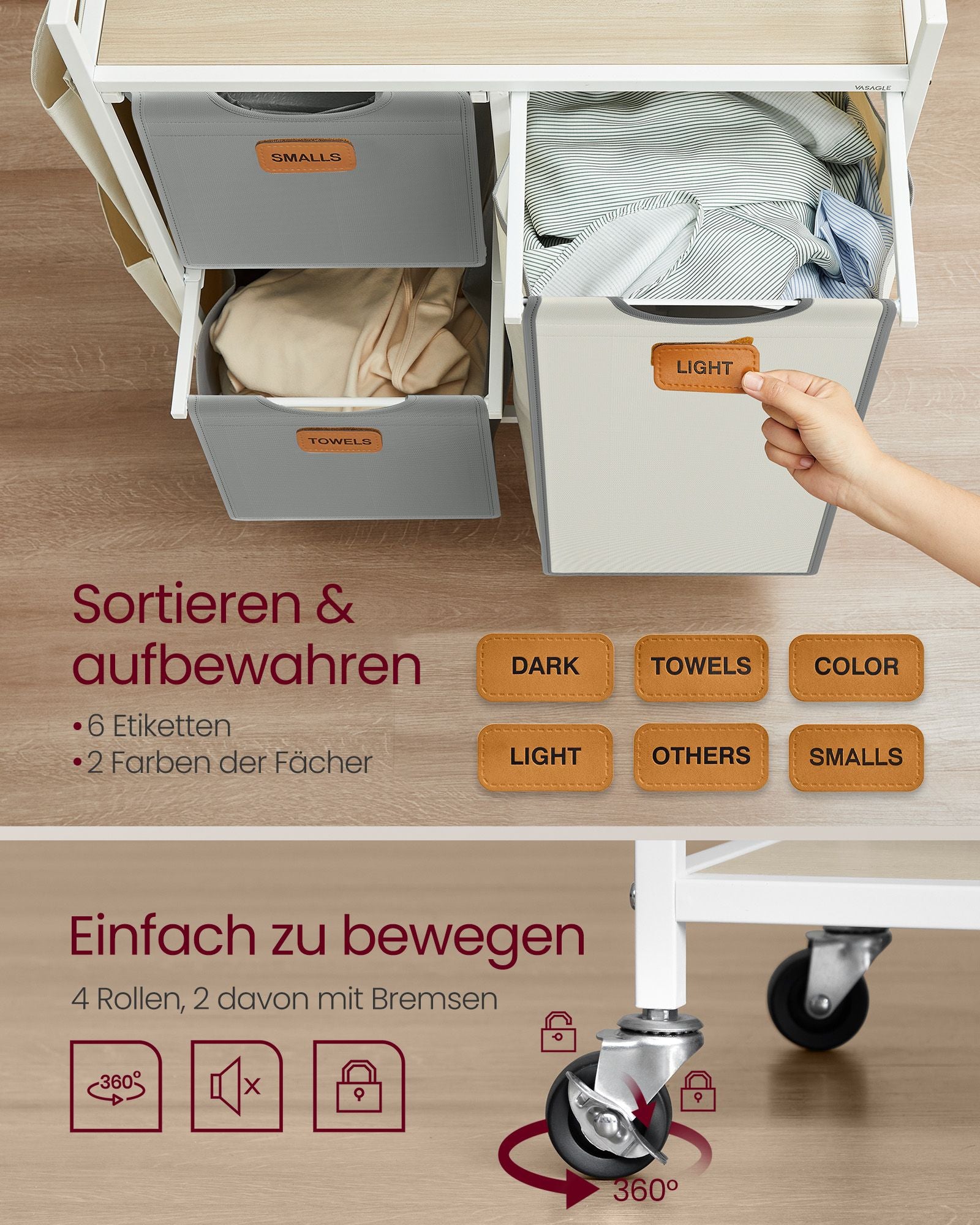 Wasmand met 3 vakken – Stijlvol ontwerp – Naturel beige-duifgrijs-crème wit