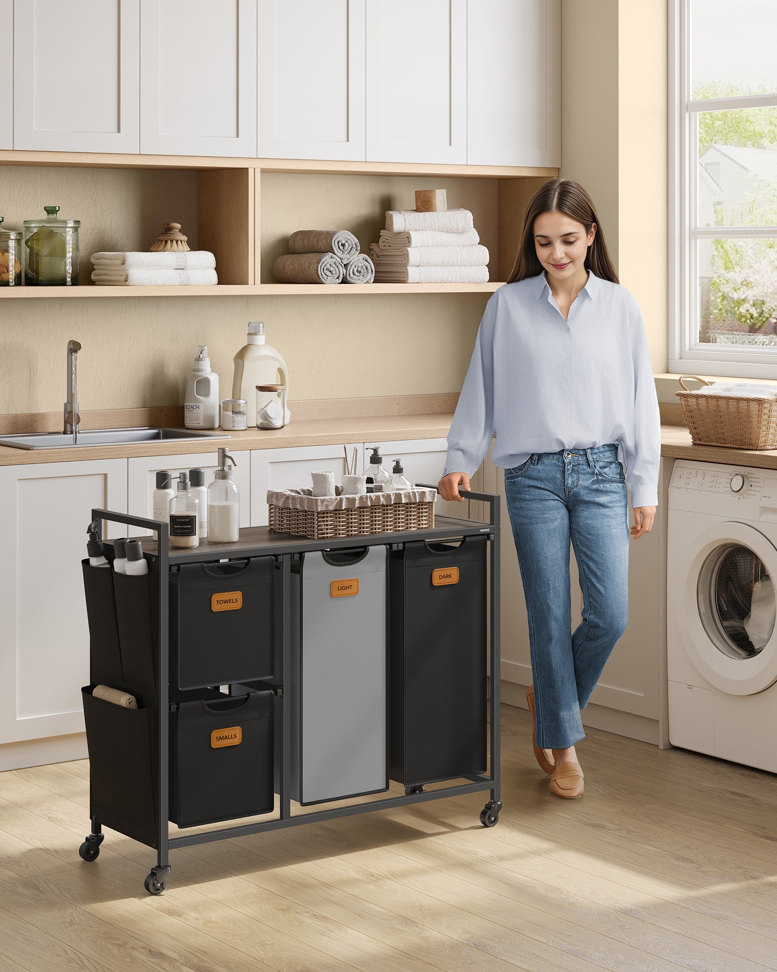 Wasmand met 4 manden – 150L – Met labels – Met wielen