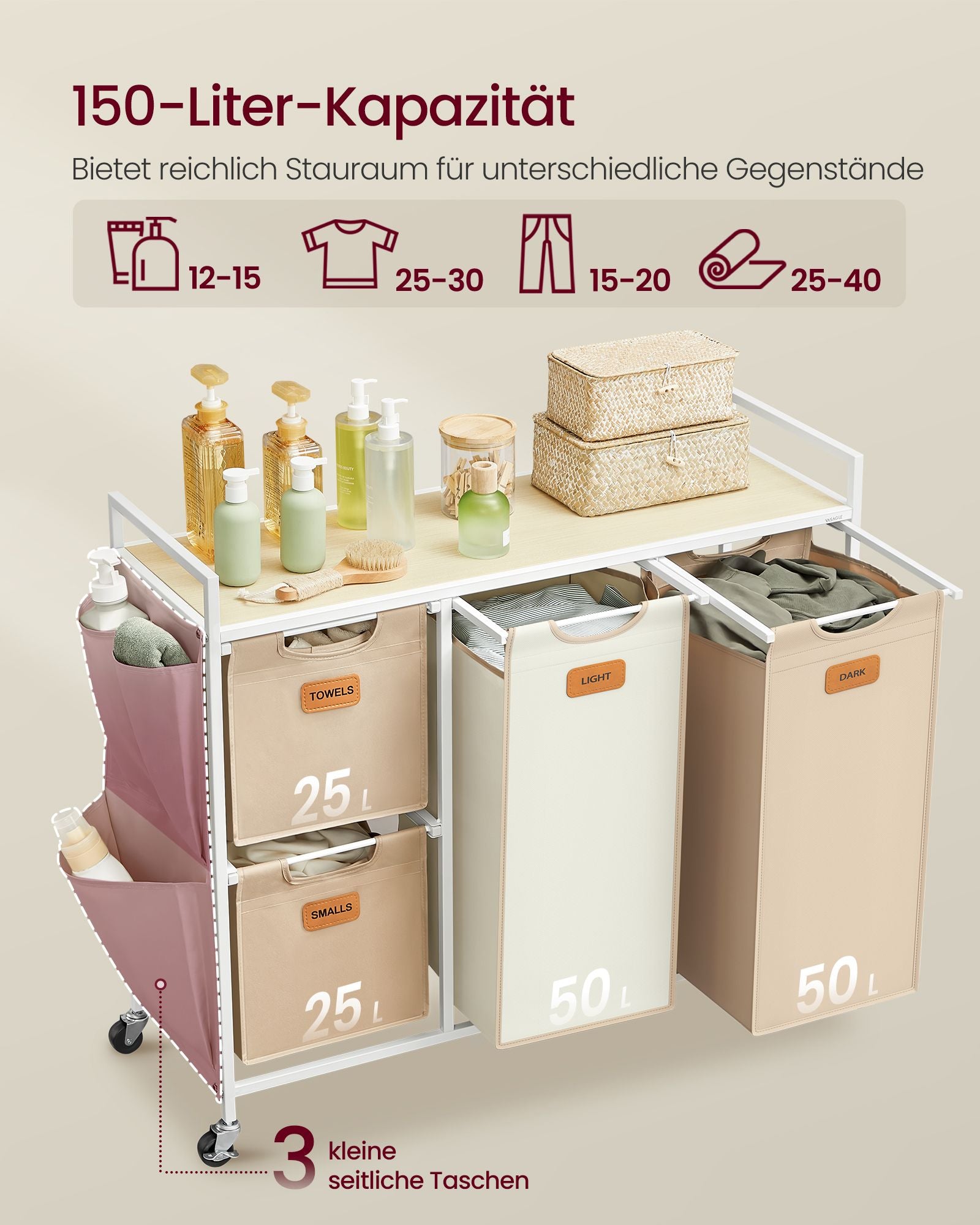 Wasmand met 4 manden – 150L – Met labels – Met wielen
