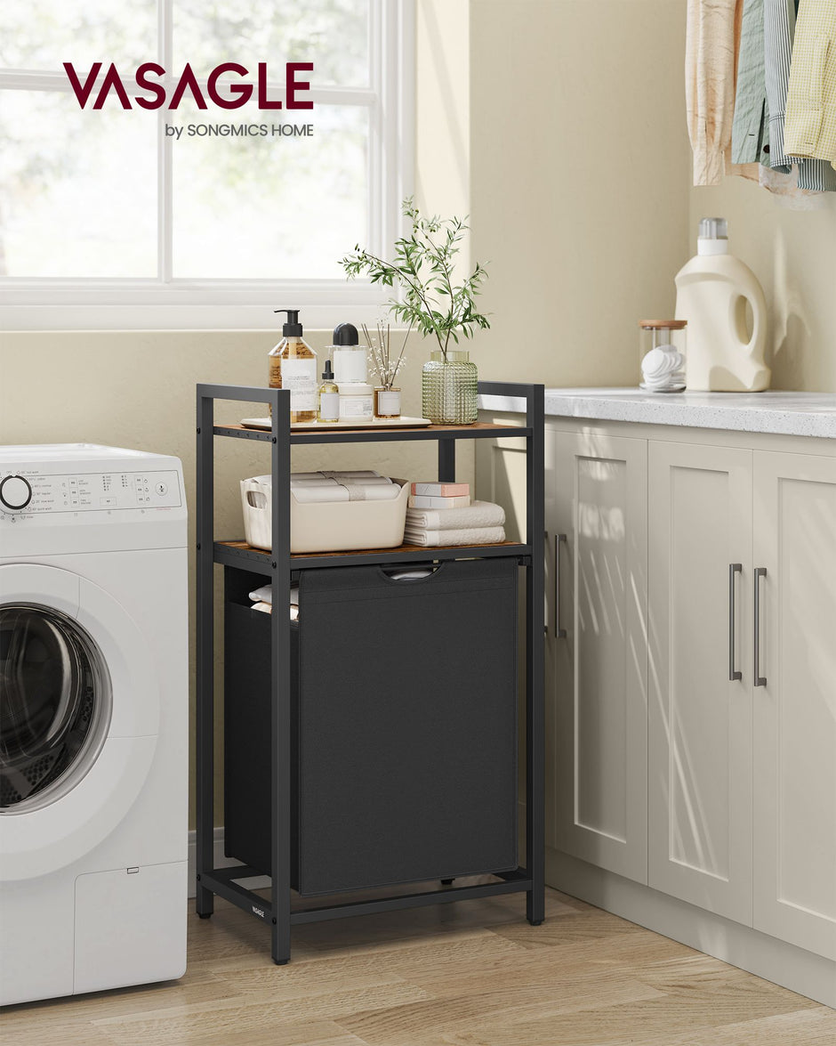 Wasmand met 2 planken – 65 liter – Uitneembare waszak – Vintage bruin-zwart