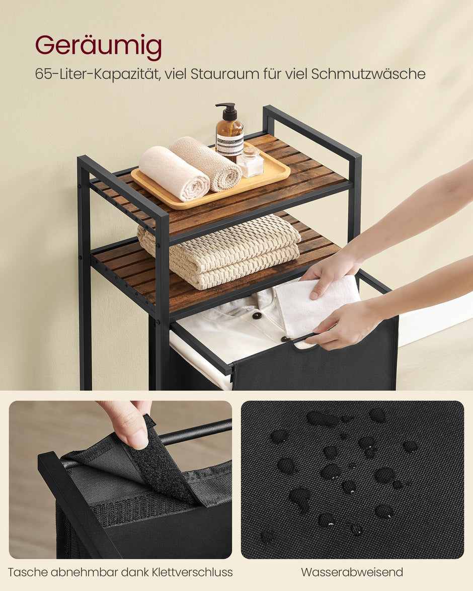 Wasmand met 2 planken – 65 liter – Uitneembare waszak – Vintage bruin-zwart