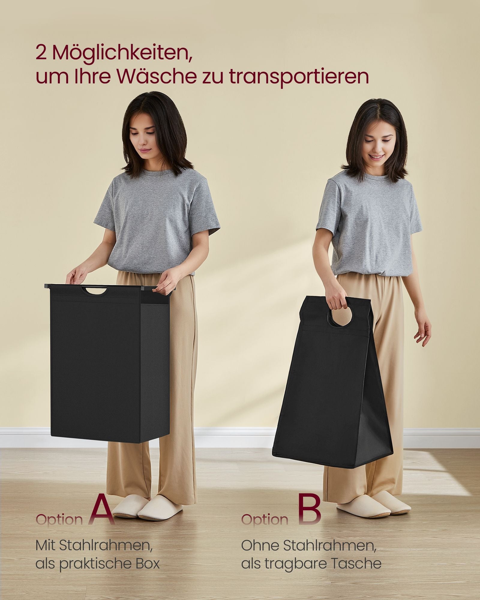 Wasmand met 2 planken – 65 liter – Uitneembare waszak – Vintage bruin-zwart