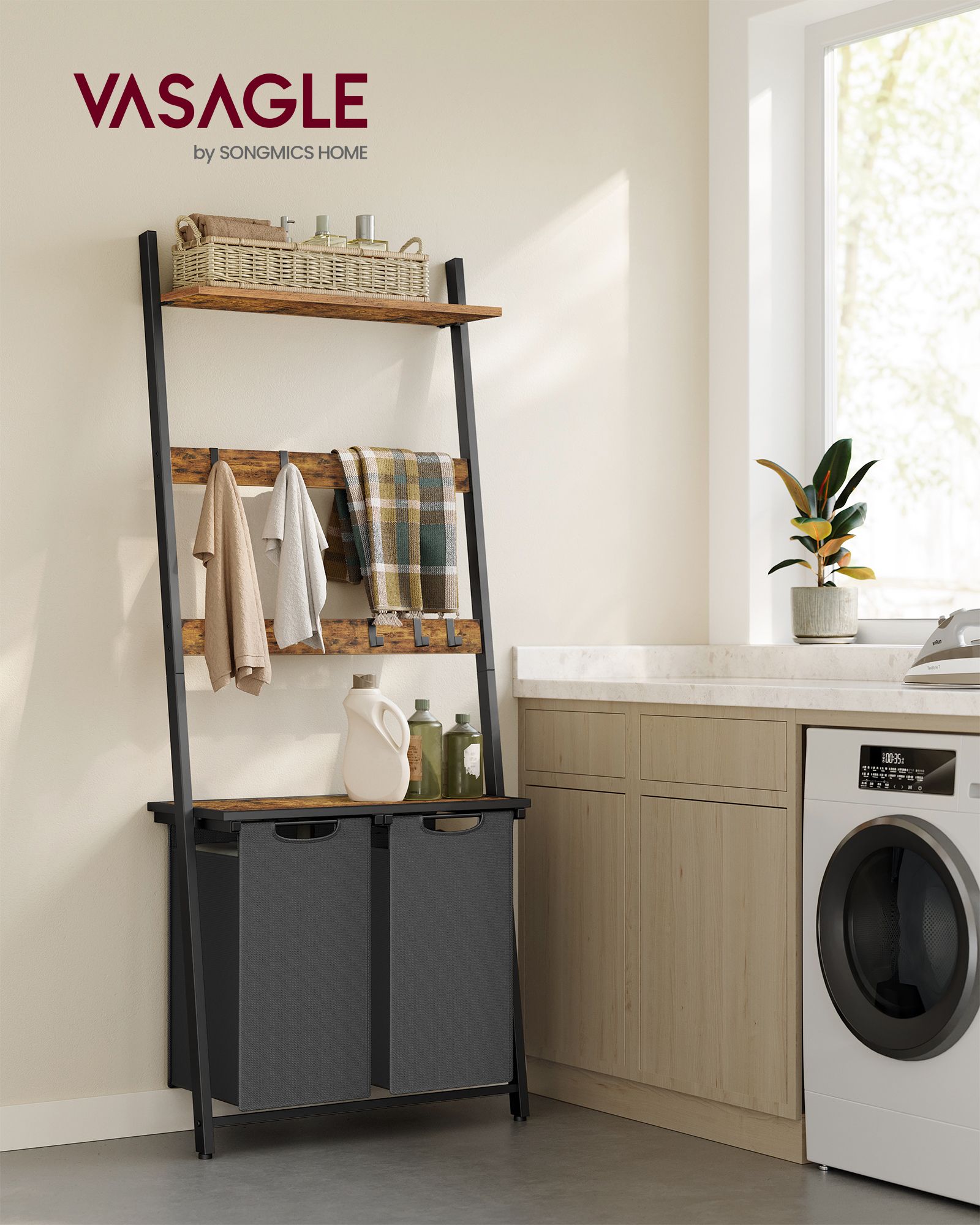 Wasmand – met handdoekladder – vintage bruin-zwart