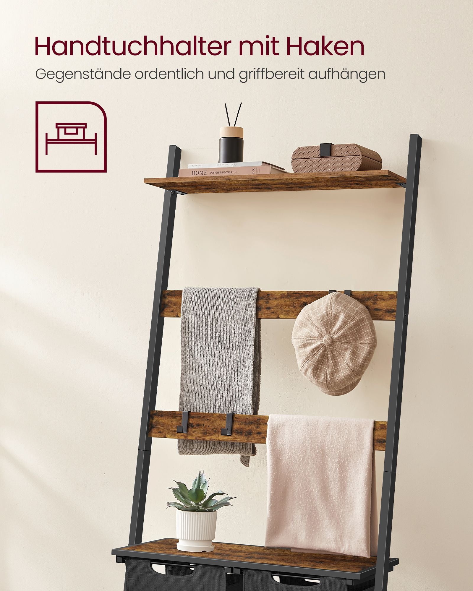 Wasmand – met handdoekladder – vintage bruin-zwart