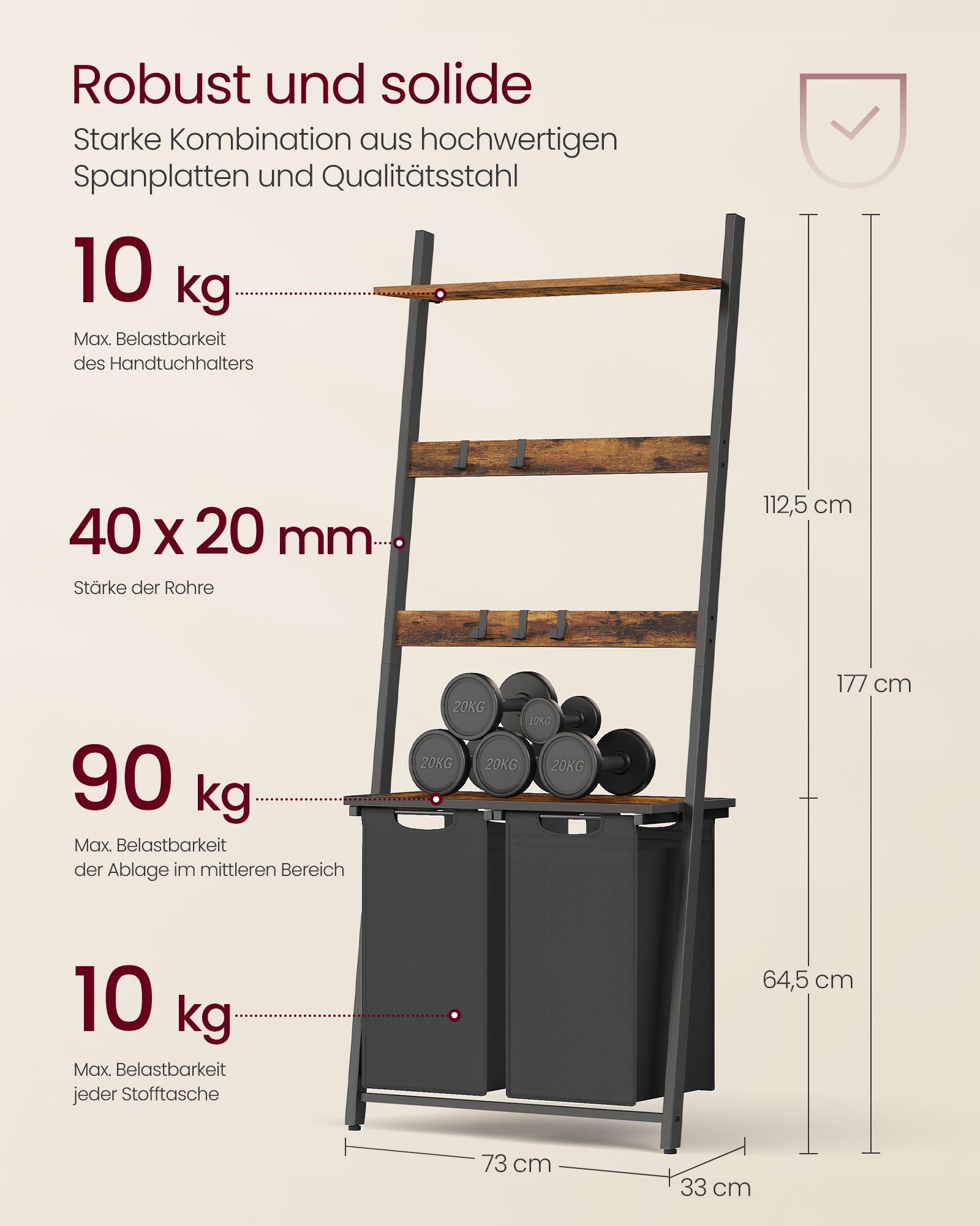 Wasmand – met handdoekladder – vintage bruin-zwart