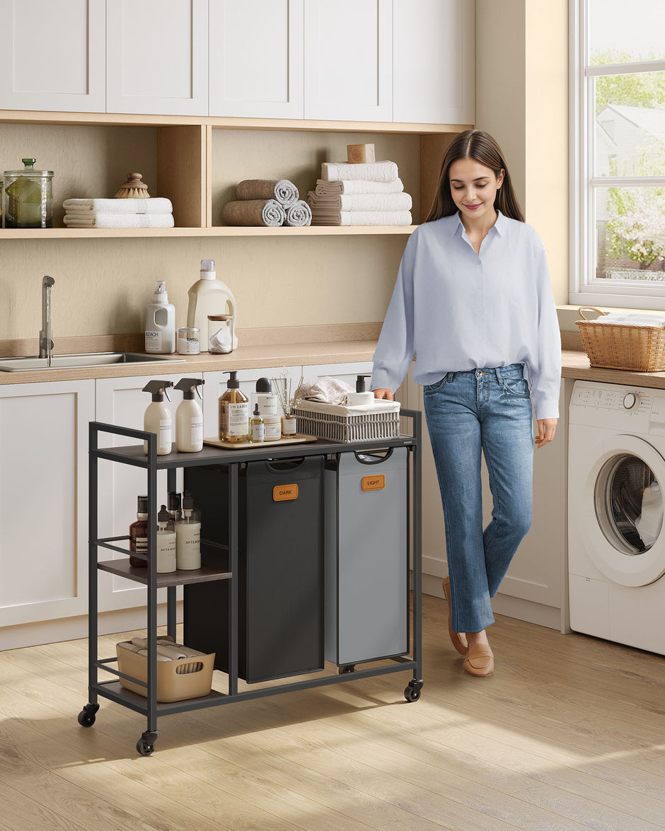 Wasmand met 2 vakken – 100L – Uitneembare zakken – Met labels – Met wielen