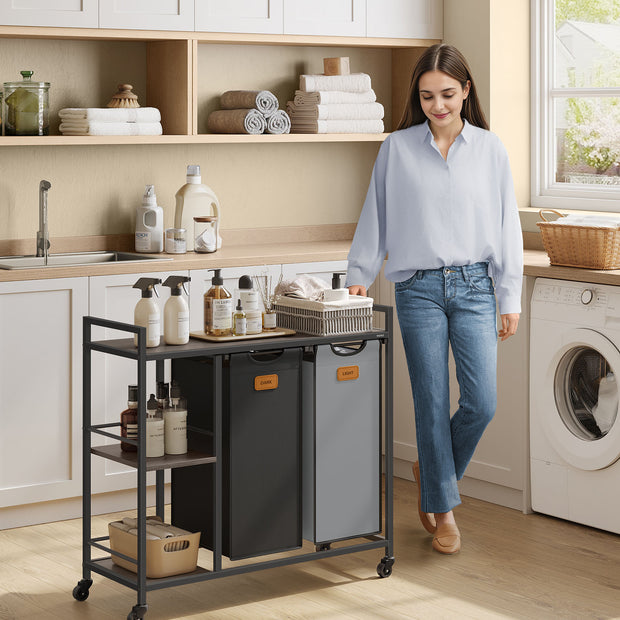 Wasmand met 2 vakken – 100L – Uitneembare zakken – Met labels – Met wielen