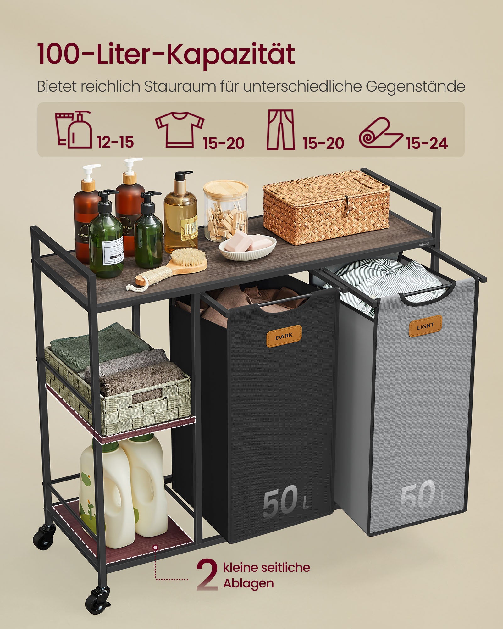 Wasmand met 2 vakken – Stijlvol ontwerp – Maroon-inkt zwart-duifgrijs