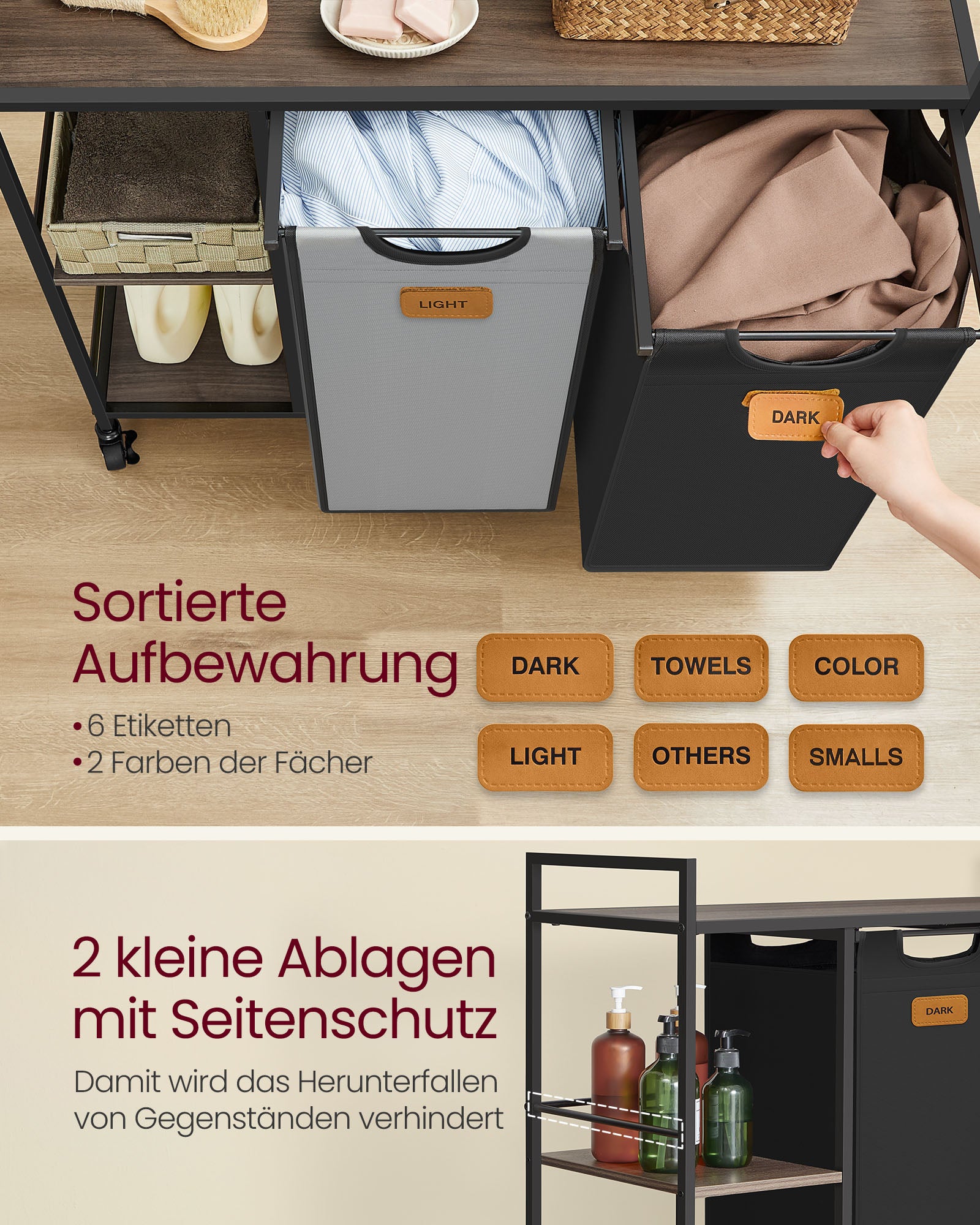 Wasmand met 2 vakken – 100L – Uitneembare zakken – Met labels – Met wielen