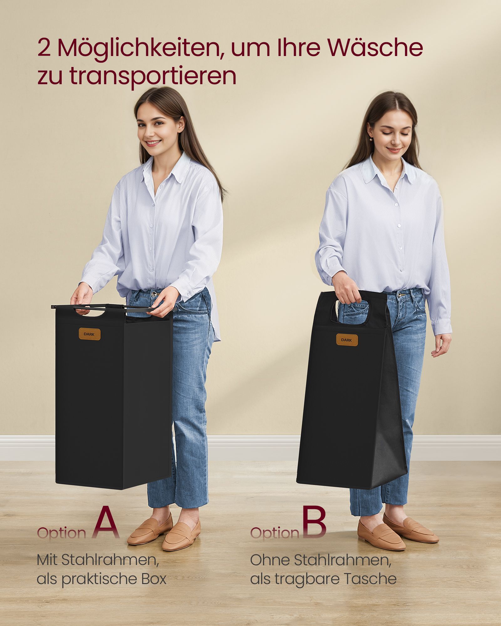 Wasmand met 2 vakken – Stijlvol ontwerp – Maroon-inkt zwart-duifgrijs