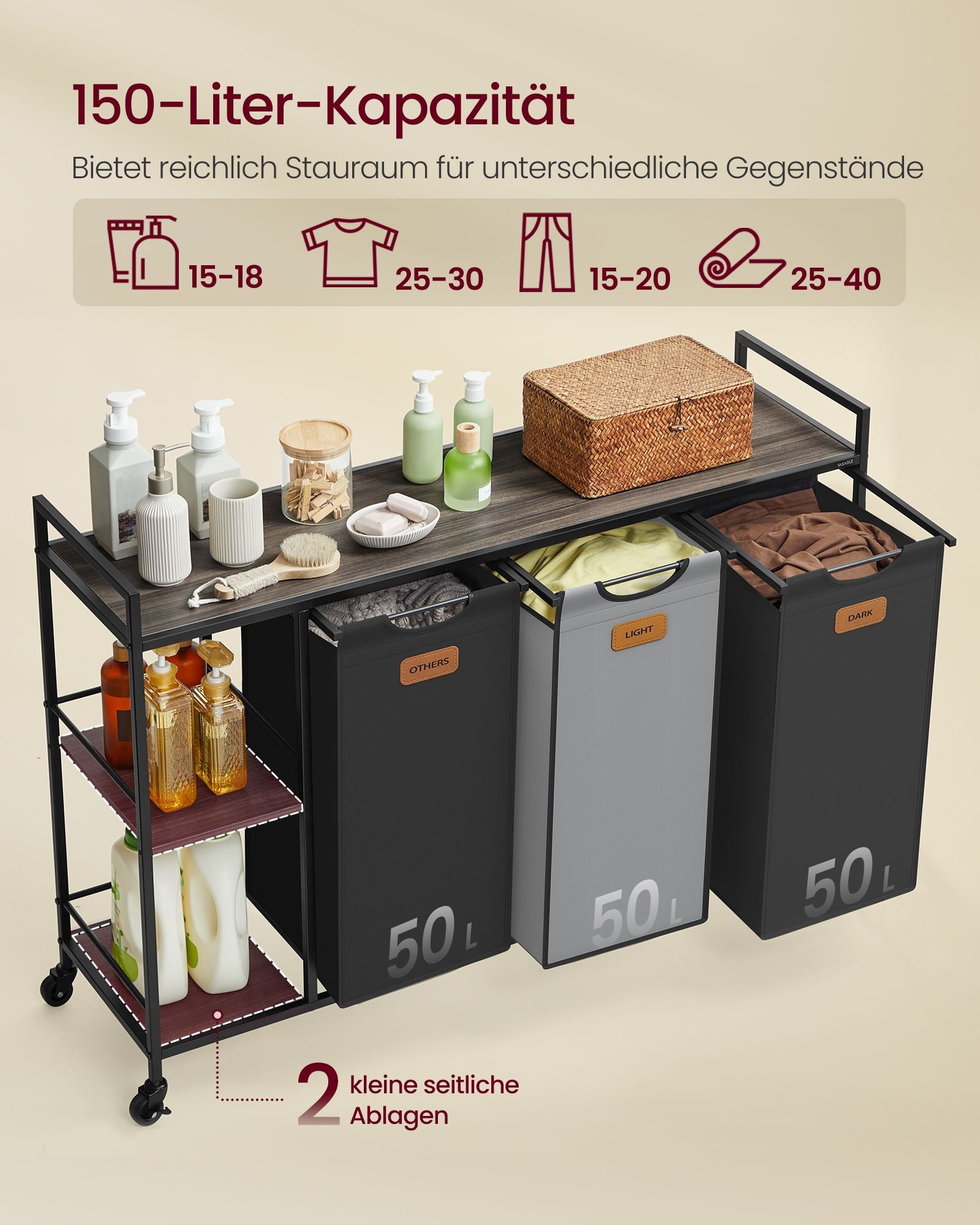Wasmand met 3 compartimenten op wielen – uitneembare vakken – maroon zwart grijs