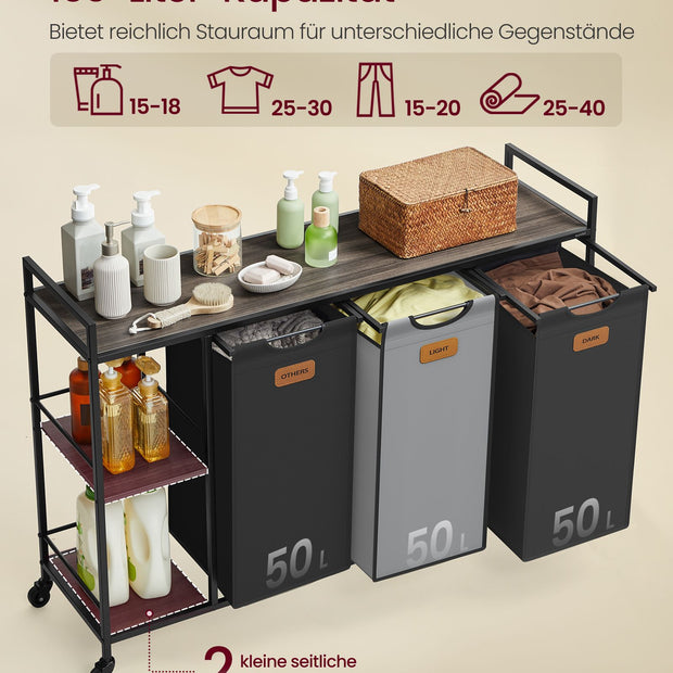 Wasmand met 3 manden – 150L – Met labels – Met wielen