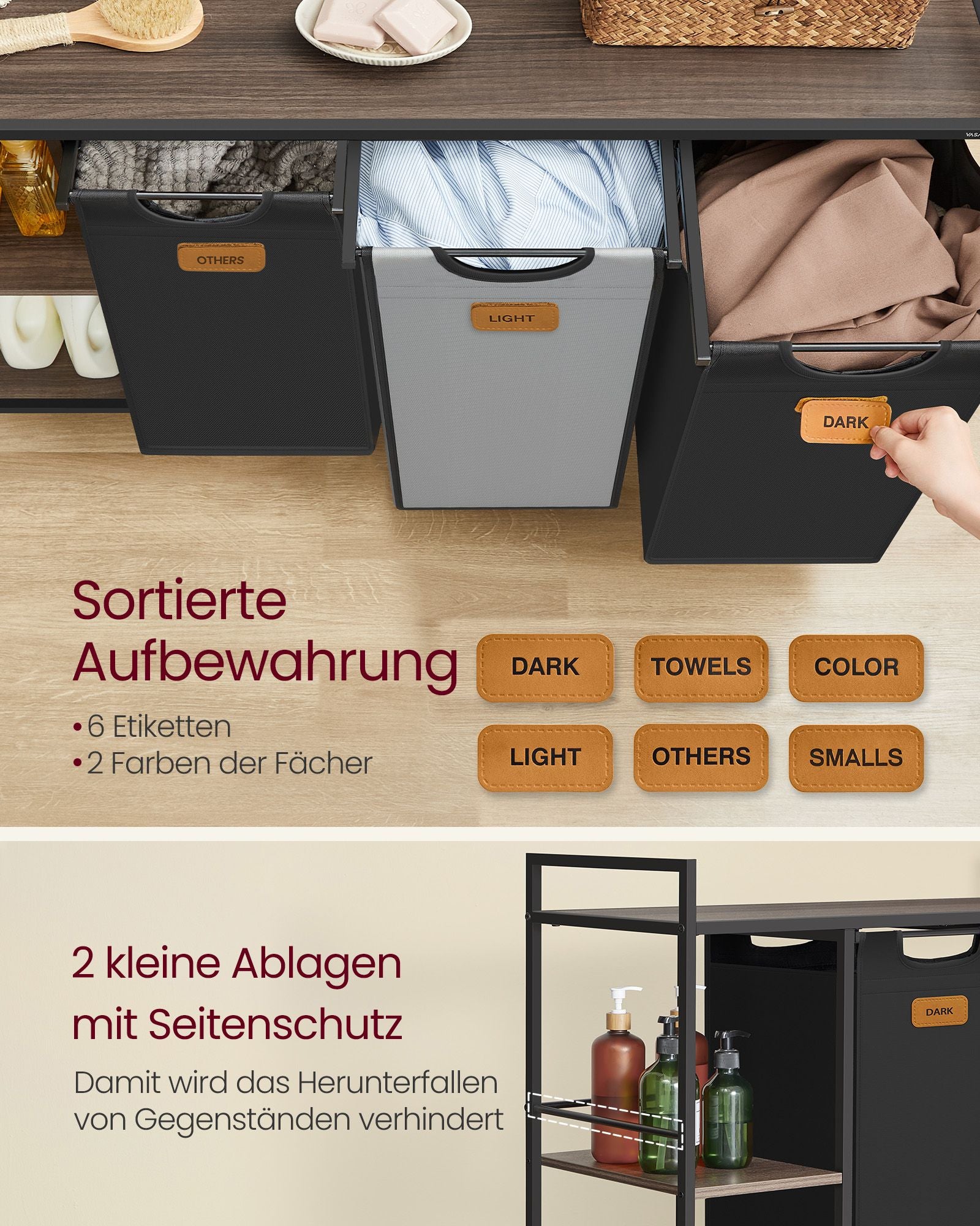 Wasmand met 3 manden – 150L – Met labels – Met wielen