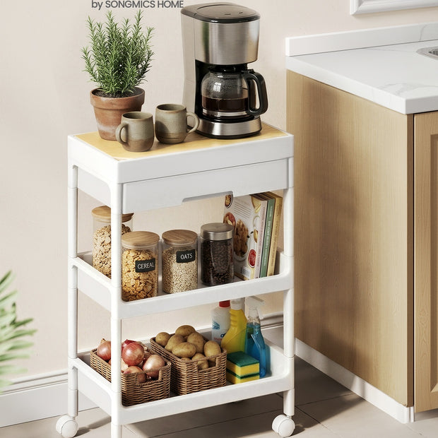 Trolley - 25,5 x 41 x 68 cm - Wit/Goud Eiken - 3 lagen - Maximale belasting per plank 10 kg