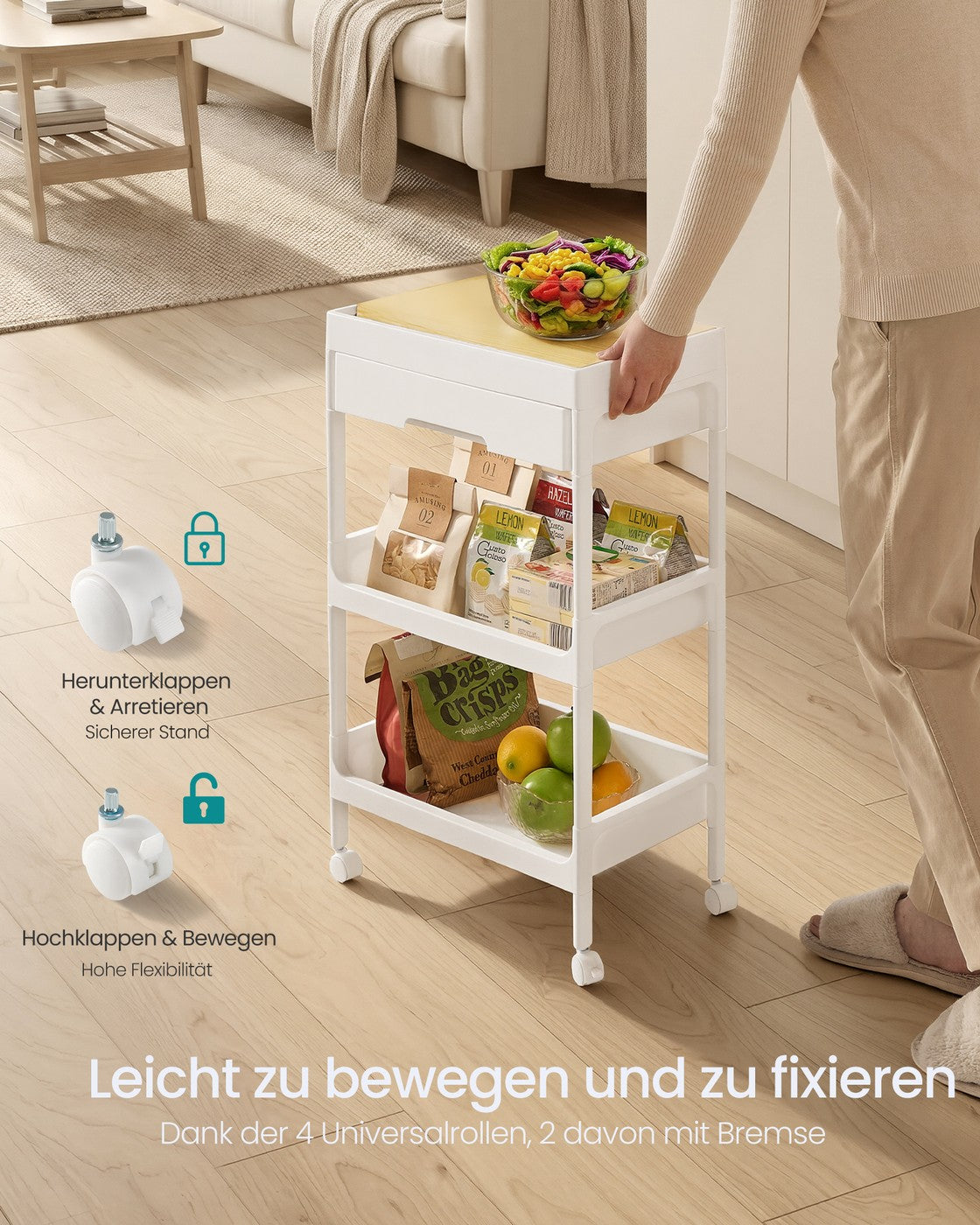 Trolley - 25,5 x 41 x 68 cm - Wit/Goud Eiken - 3 lagen - Maximale belasting per plank 10 kg
