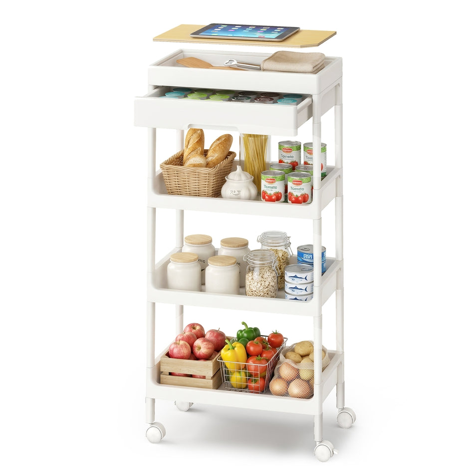Trolley - 25,5 x 41 x 91 cm - Wit/Goud Eiken - 4 laags - Kunststof en Multiplex - Max. 10 kg per plank