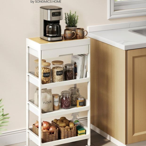 Trolley - 25,5 x 41 x 91 cm - Wit/Goud Eiken - 4 laags - Kunststof en Multiplex - Max. 10 kg per plank