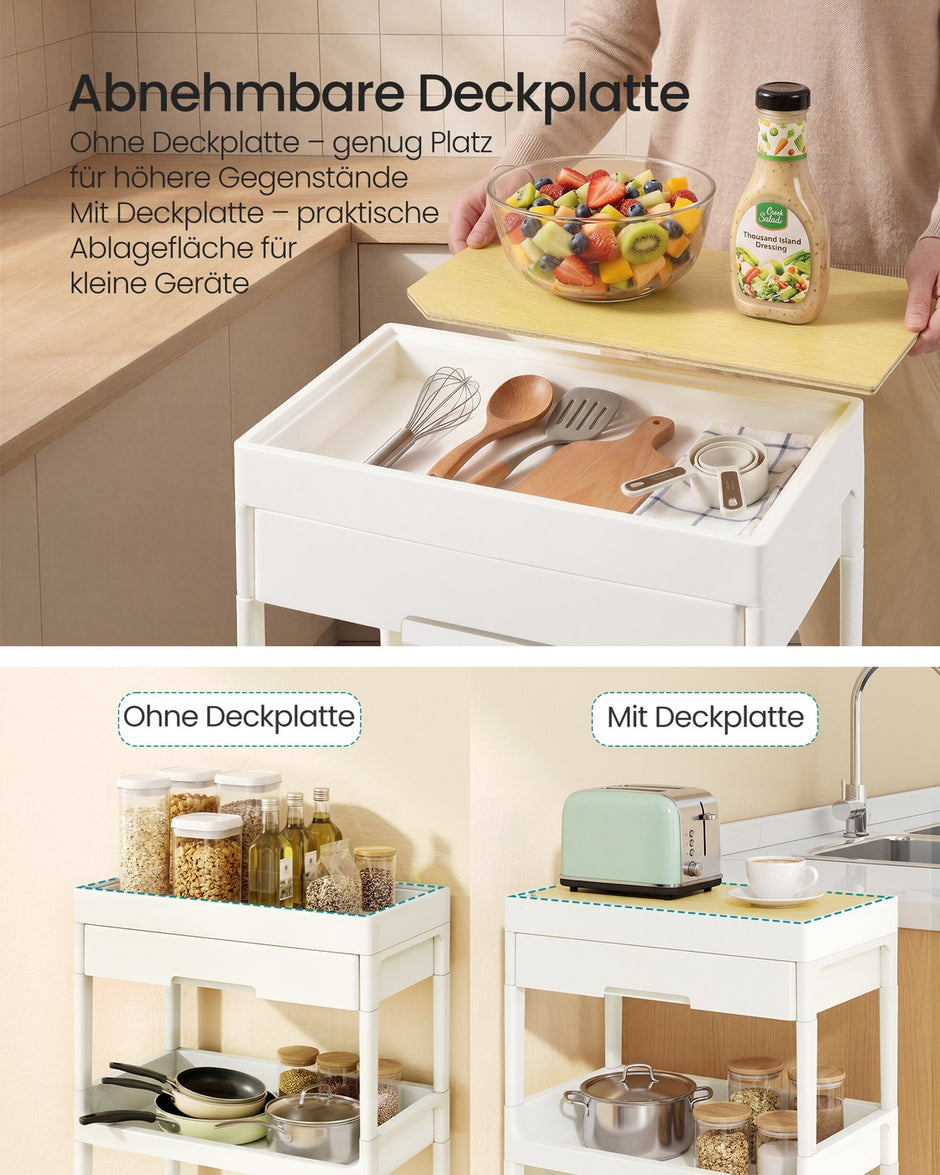 Trolley - 25,5 x 41 x 91 cm - Wit/Goud Eiken - 4 laags - Kunststof en Multiplex - Max. 10 kg per plank