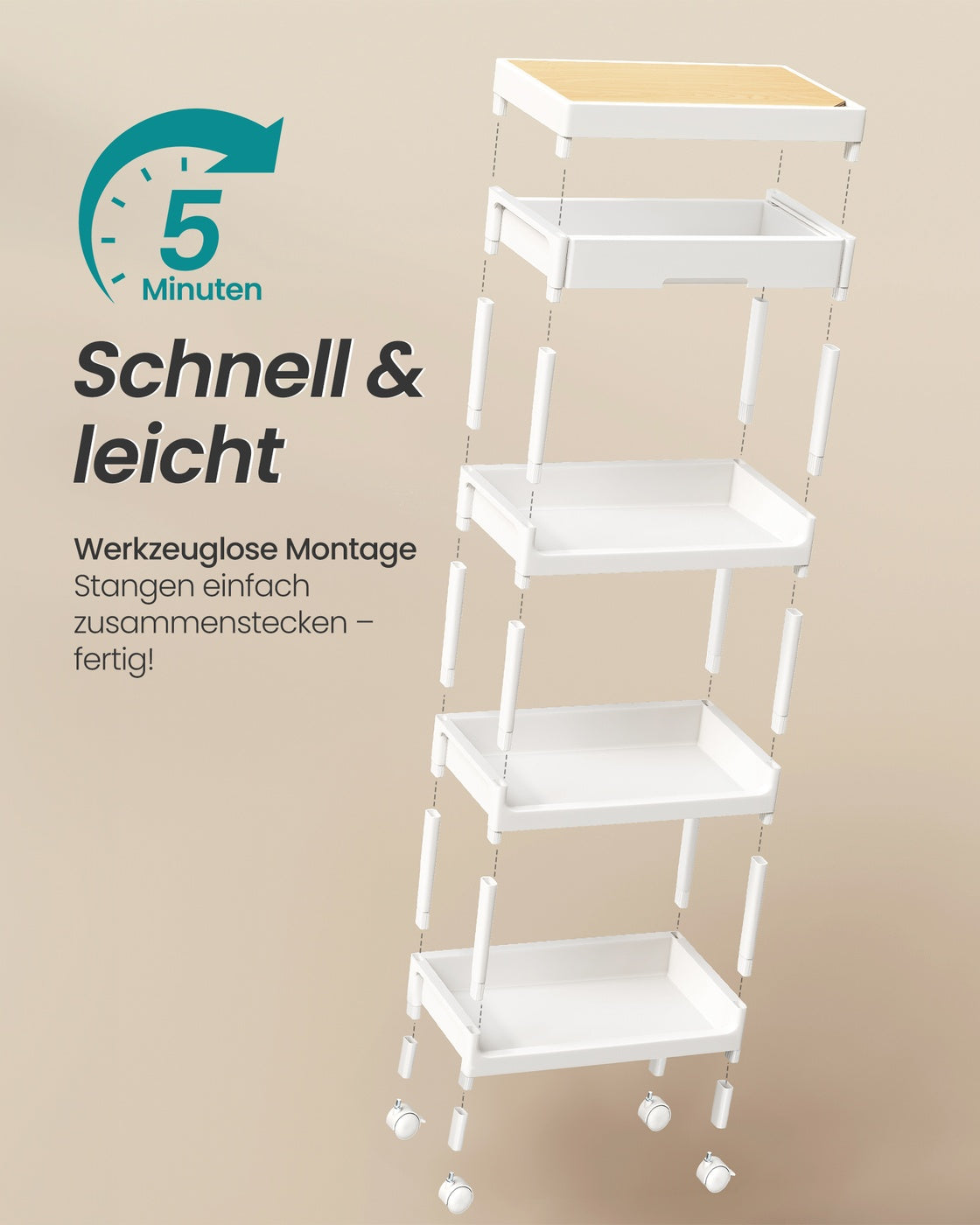 Trolley - 25,5 x 41 x 91 cm - Wit/Goud Eiken - 4 laags - Kunststof en Multiplex - Max. 10 kg per plank