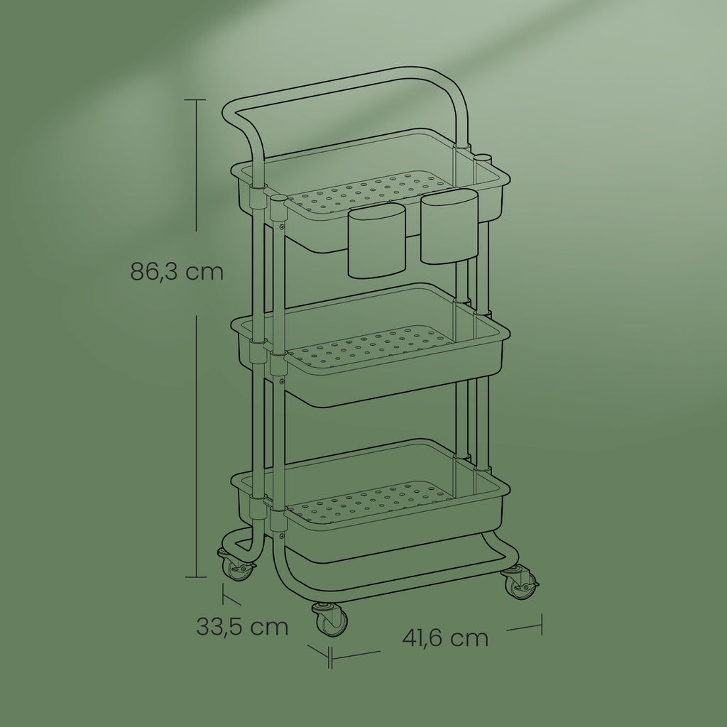 3-laags trolley, serveerwagen, keukenwagen met handvat