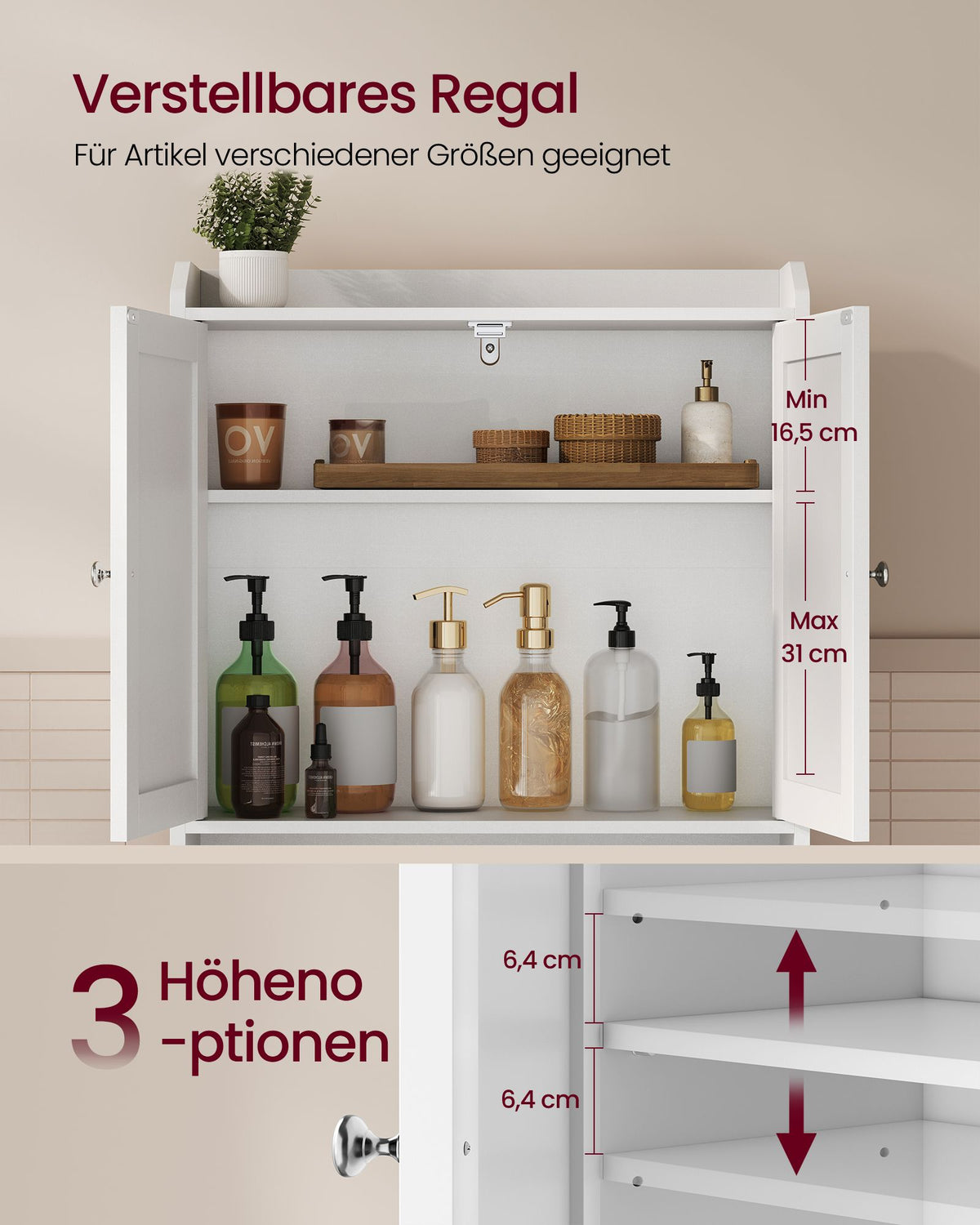 Badkamerkast – Smal en Hoog – Met Deuren en Planken – 62,4 x 20 x 170 cm – Wit
