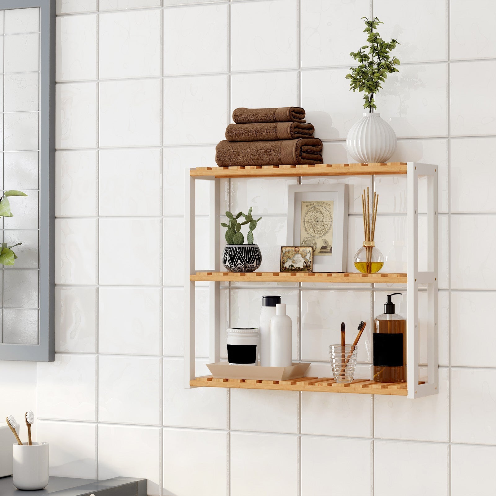 Badkamerrek - Met verstelbare planken - Bamboe - Naturel/Wit