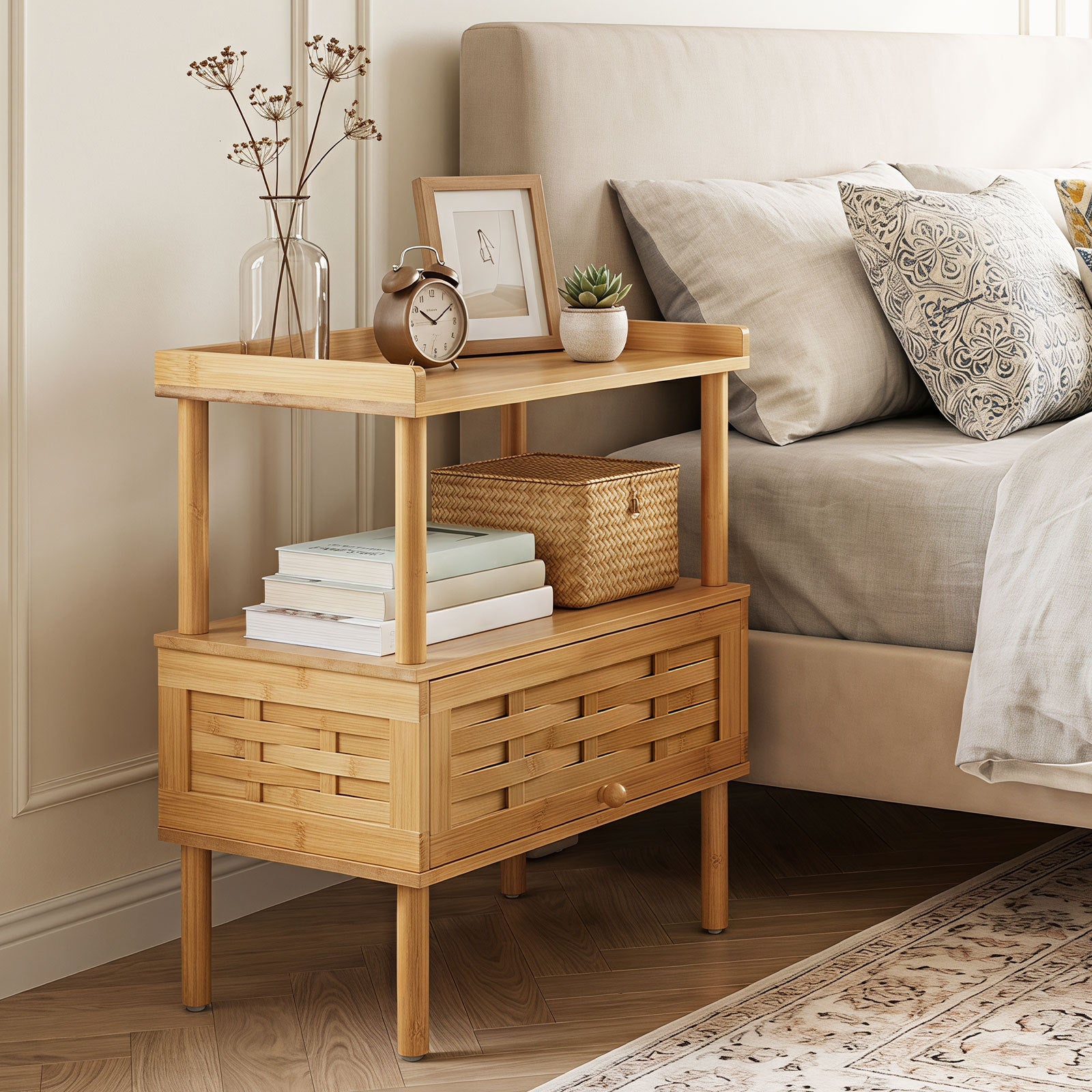 Bambu – nattbord med öppen hylla och hopfällbar dörr magnetlås, cm, naturfärgad – 41 x 31 x 59
