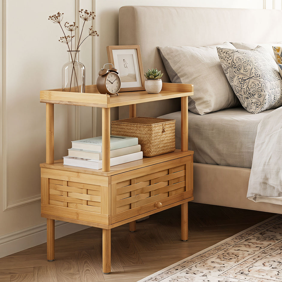 Bambu – nattbord med öppen hylla och hopfällbar dörr magnetlås, cm, naturfärgad – 41 x 31 x 59