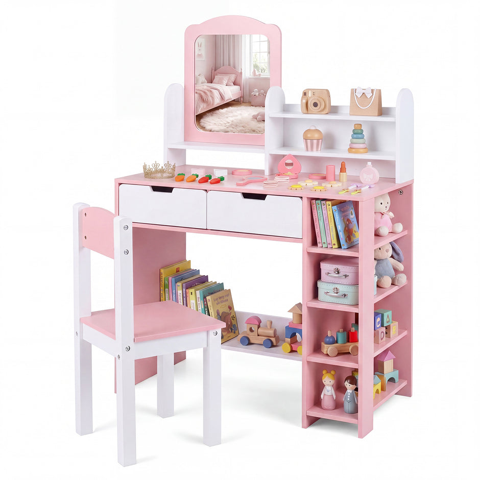 Barnsminkbord, – frisörsbord med spegel och pall, kosmetikbord hyllor lådor – 2