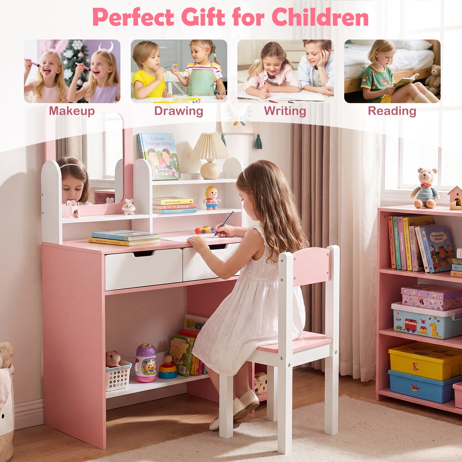Barnsminkbord, – frisörsbord med spegel och pall, kosmetikbord hyllor lådor – 2