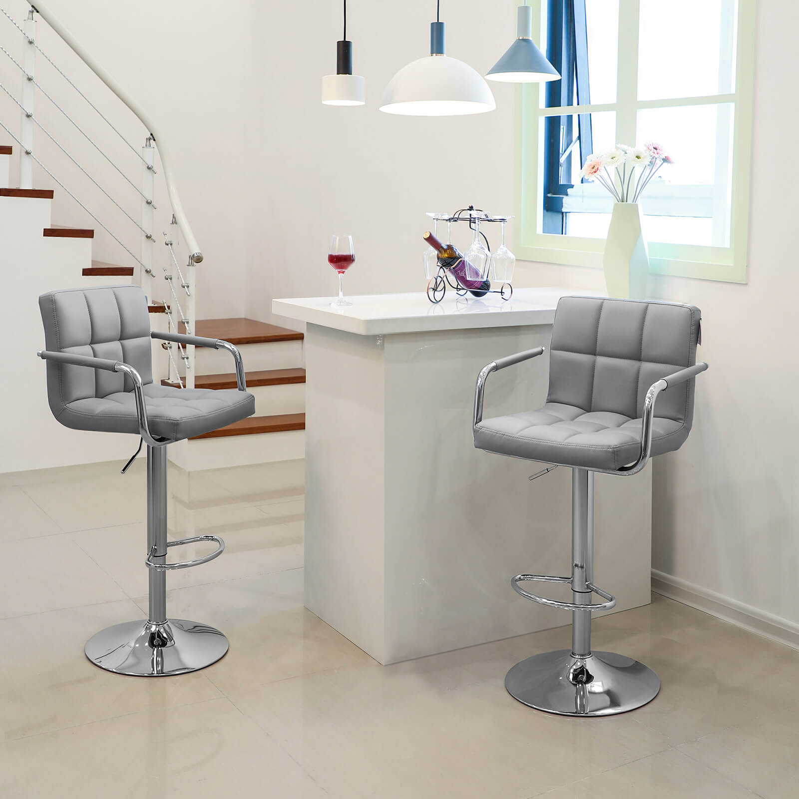 Barkruk set van 2 – Zithoogte 79 cm – Met armleuning – Grijs – Antislipring