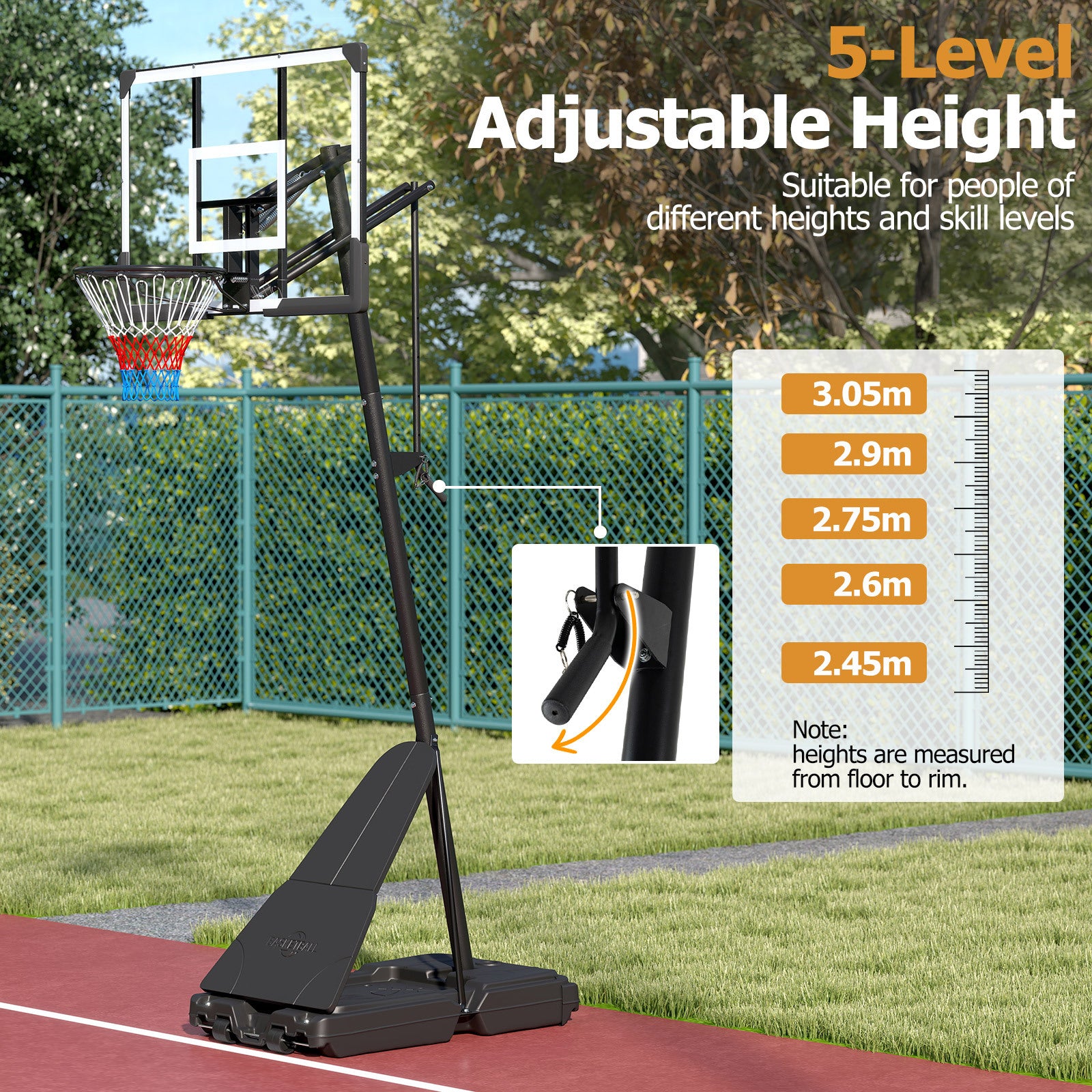 Basketkorg – med stativ, höjdjusterbar basketanläggning retur för bollen – 245-305 cm