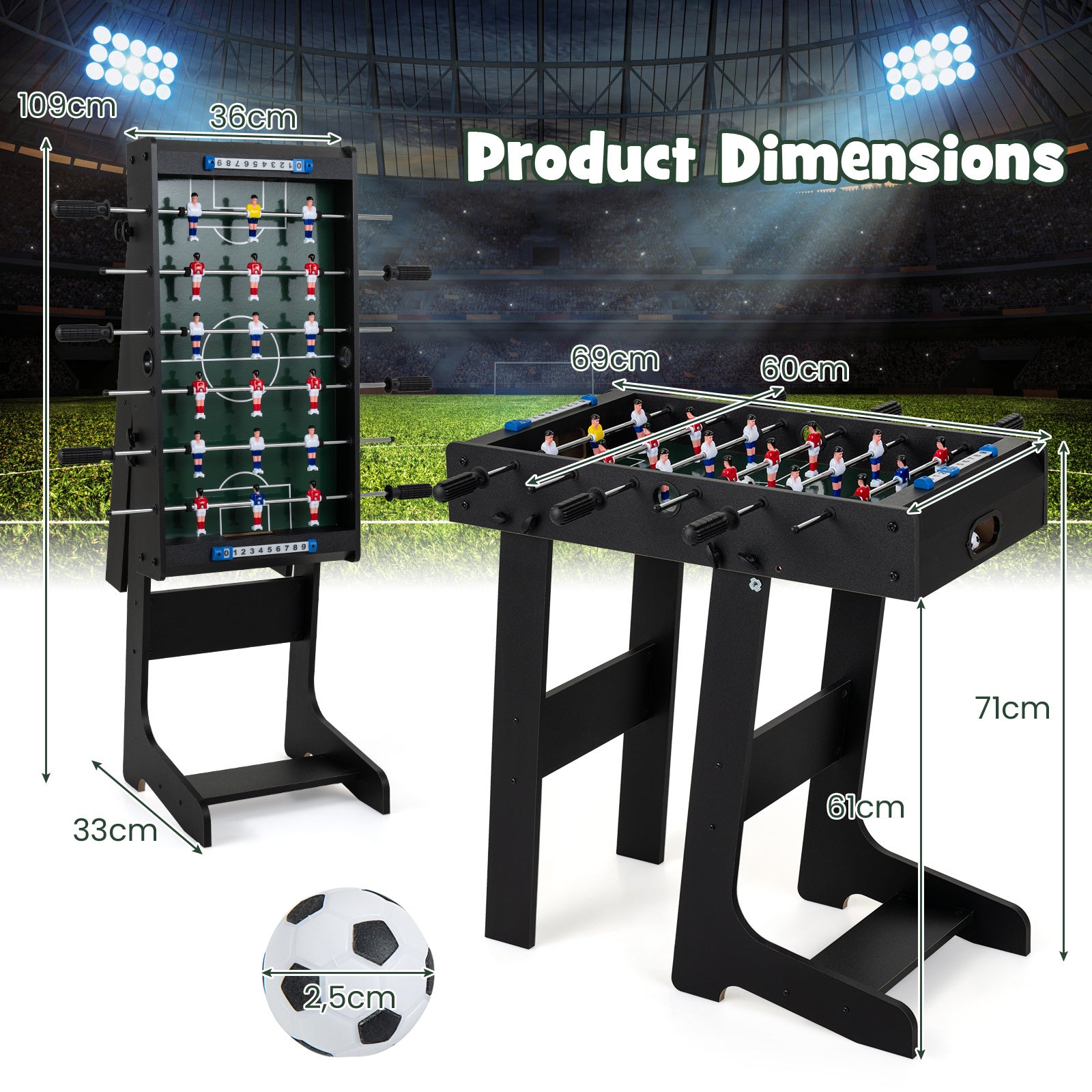 Bordfotboll, – platsbesparande fotbollsbord med stabila handtag, – 33 x 36 x 109 cm