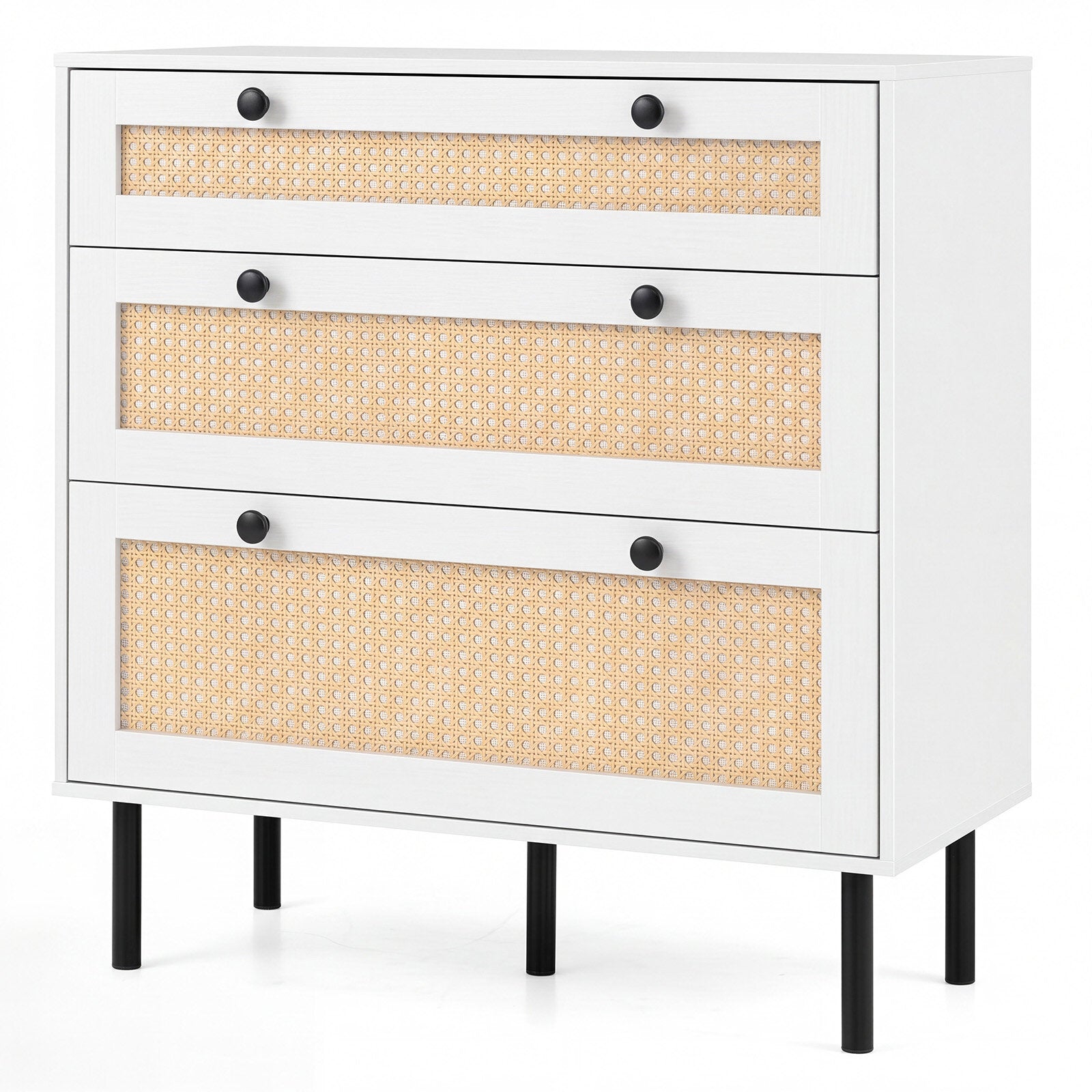Byrå, – lådskåp med rattanlådor Vitt – 3 75 x 35 x 77,5 cm