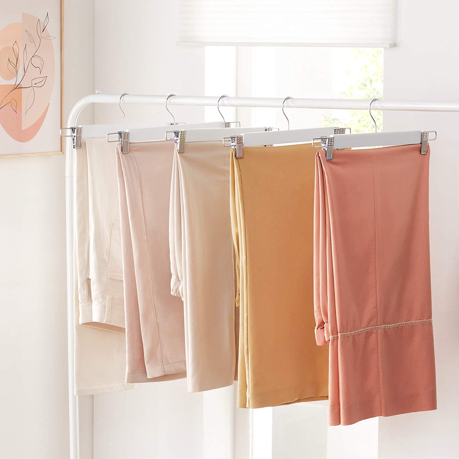 Broekhanger – Set van 8 met clips – Natuurlijk hout – Wit