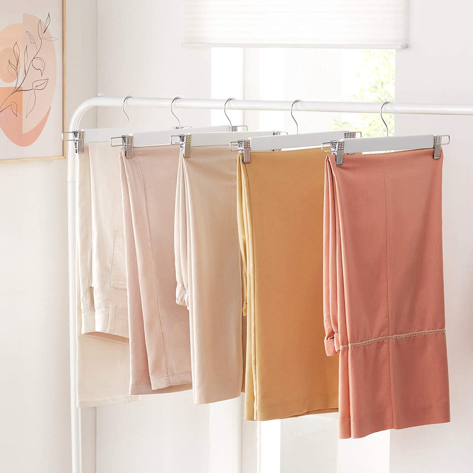 Broekhanger – Set van 8 met clips – Natuurlijk hout – Wit